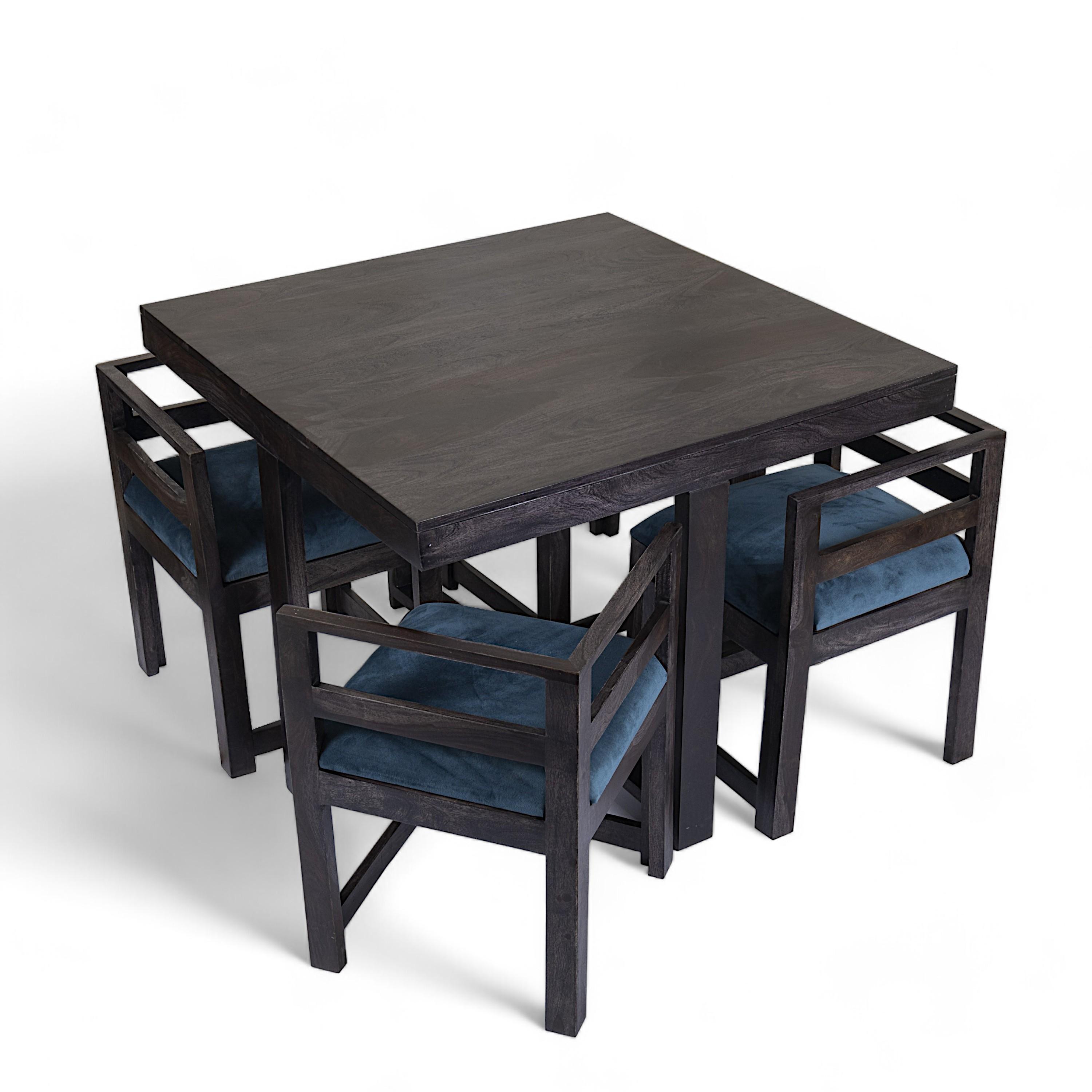 Kingston Sheesham Wood 4 Seater Dining Table Set in Mahogany Finish & Turquoise Sea Velvet fabric Upholstery