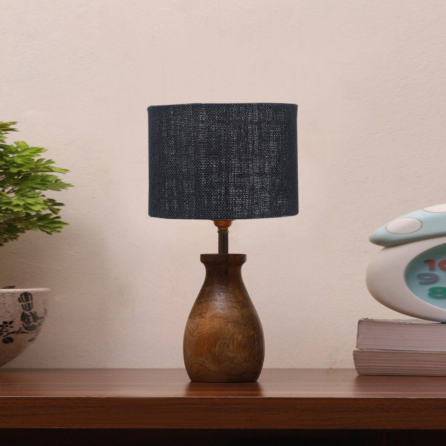 Devansh Black Jute Table Lamp With Wood Natural Base (7X13 Inches)-18
