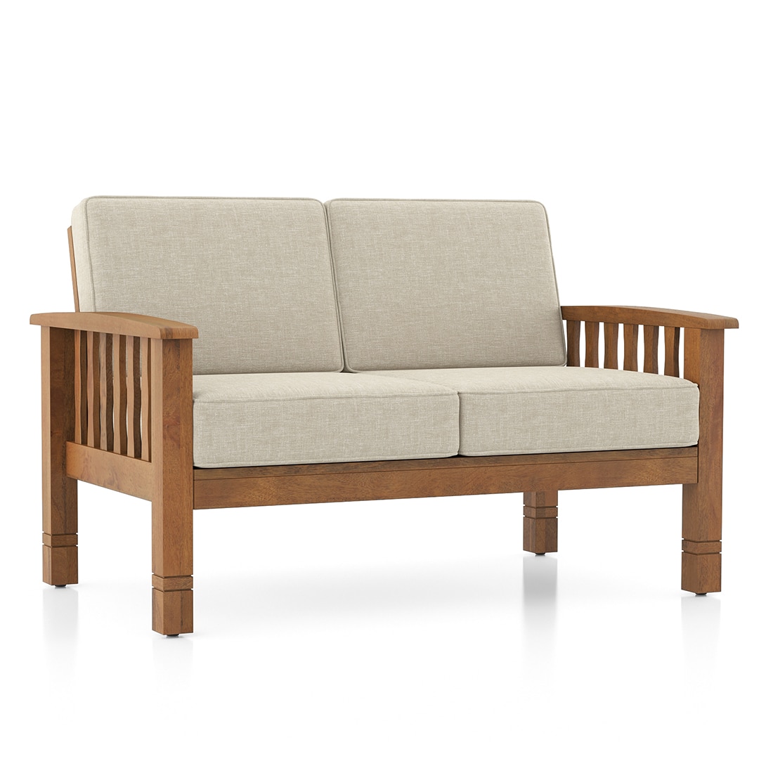 Raynor 2 Seater Wooden Sofa, Finish- Amber Walnut, Fabric- Macadamia Brown