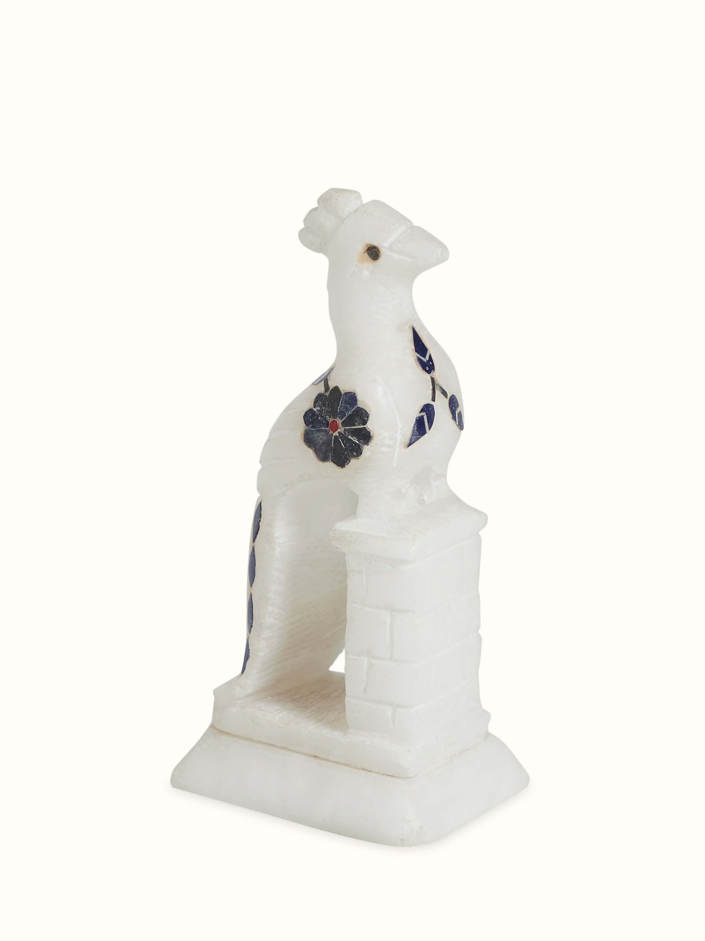 Marble Pacchikari peacock statue with detailed inlay work – angled view