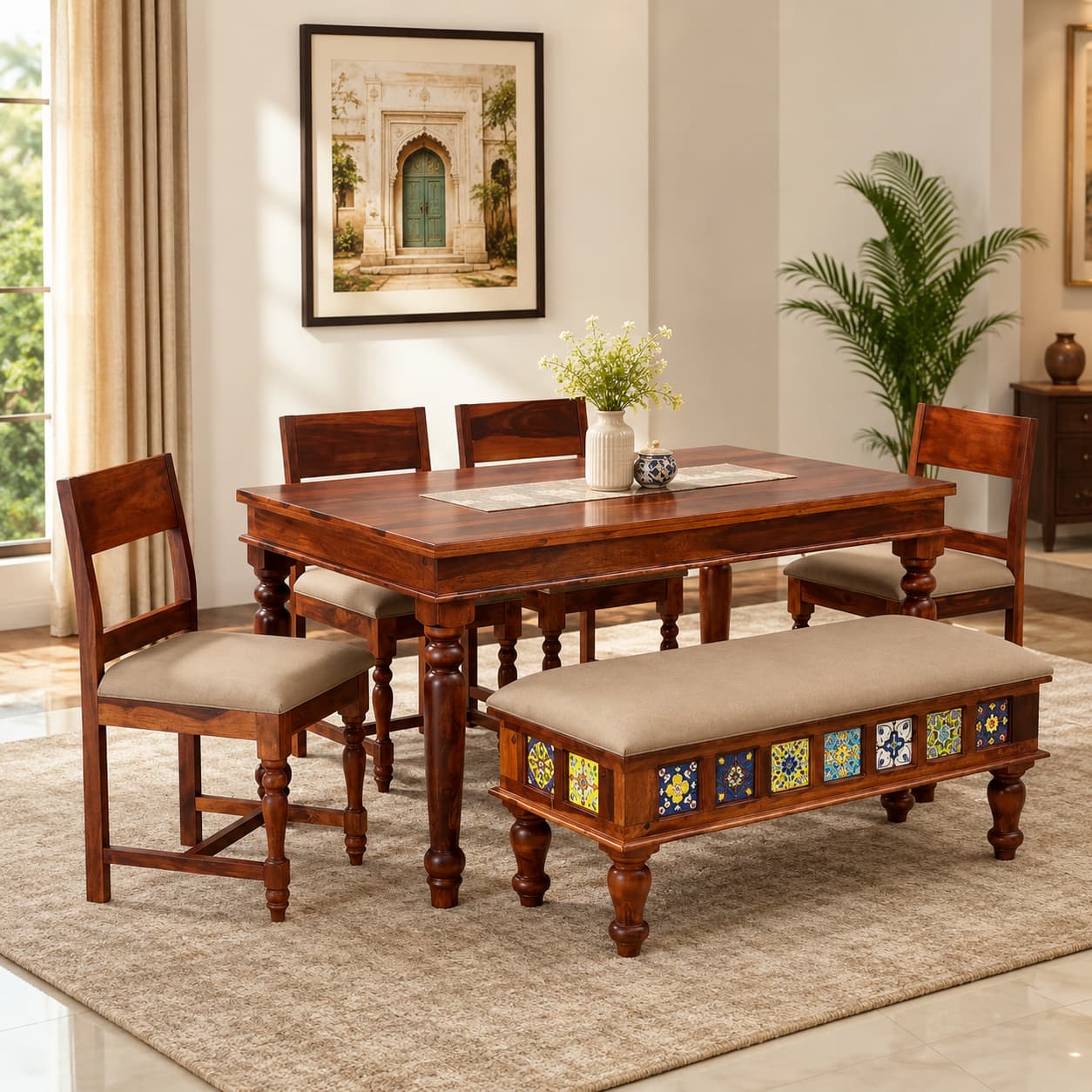 Rangrez Sheesham Wood 6 Seater Dining Set in Honey Oak Finish with Cushioned Bench - Woodenmood