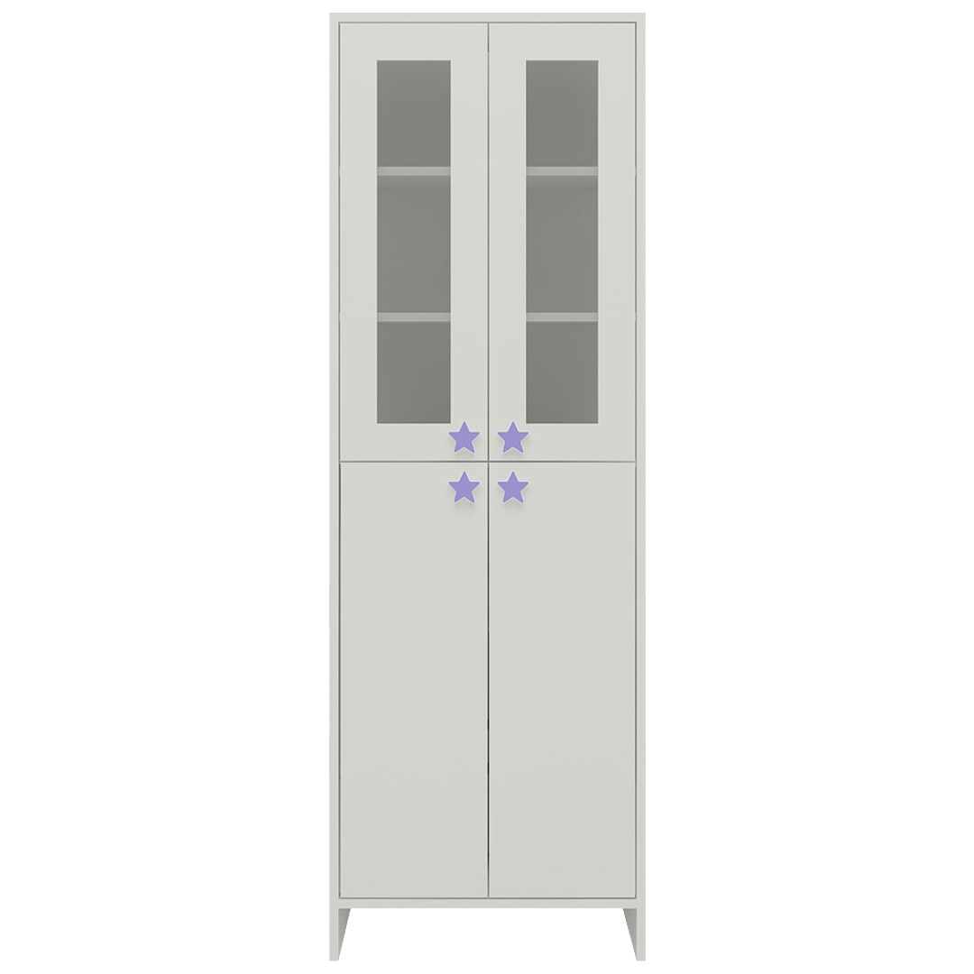 Renata Large Bookshelf cum Storage Cabinet with Toughened Glass Doors and Star Shaped Knobs in Ivory Persian Lilac Colour