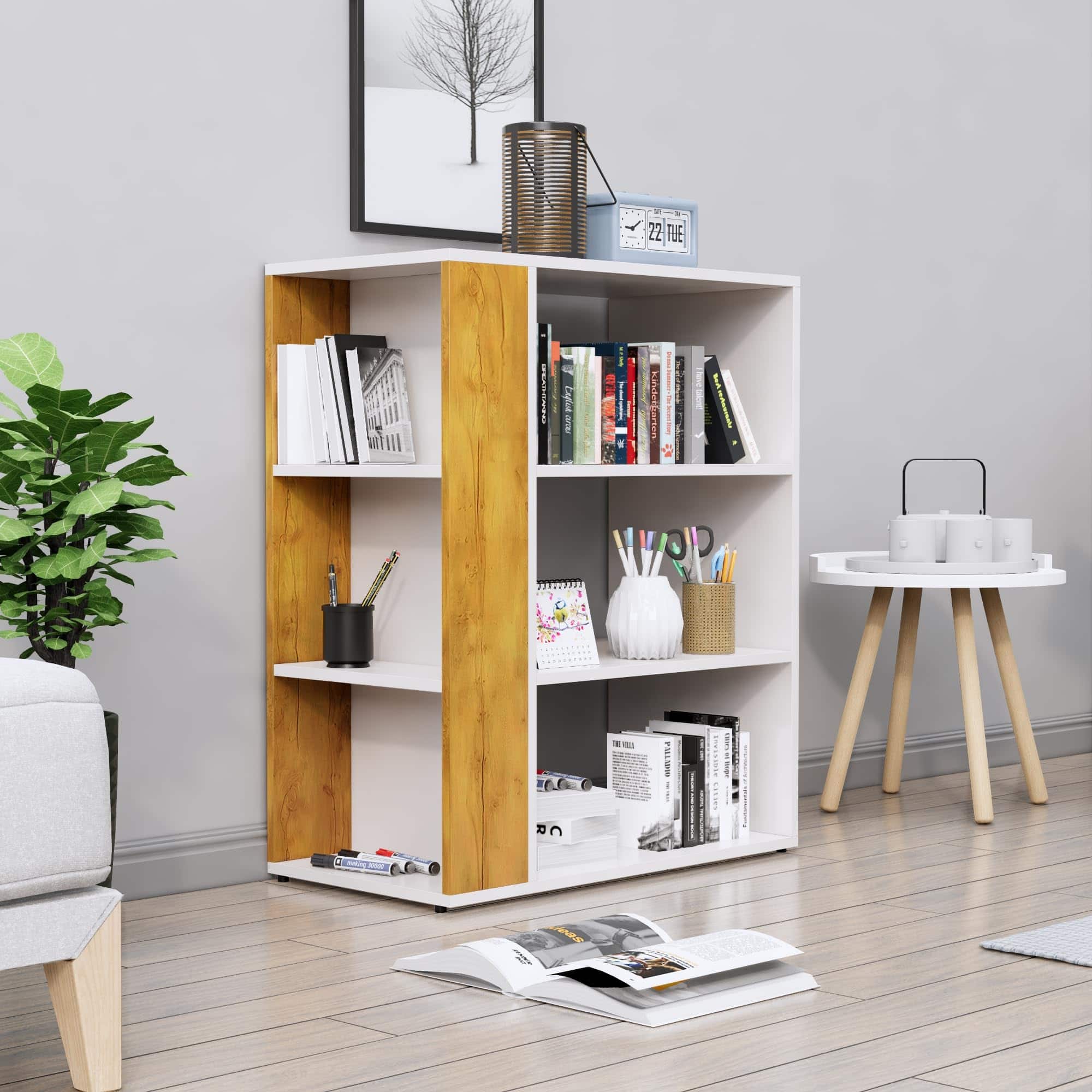 Hexa Engineered Wood Bookshelf Multipurpose Storage Rack in Frosty White and Giant Wood Colour - HexaRed