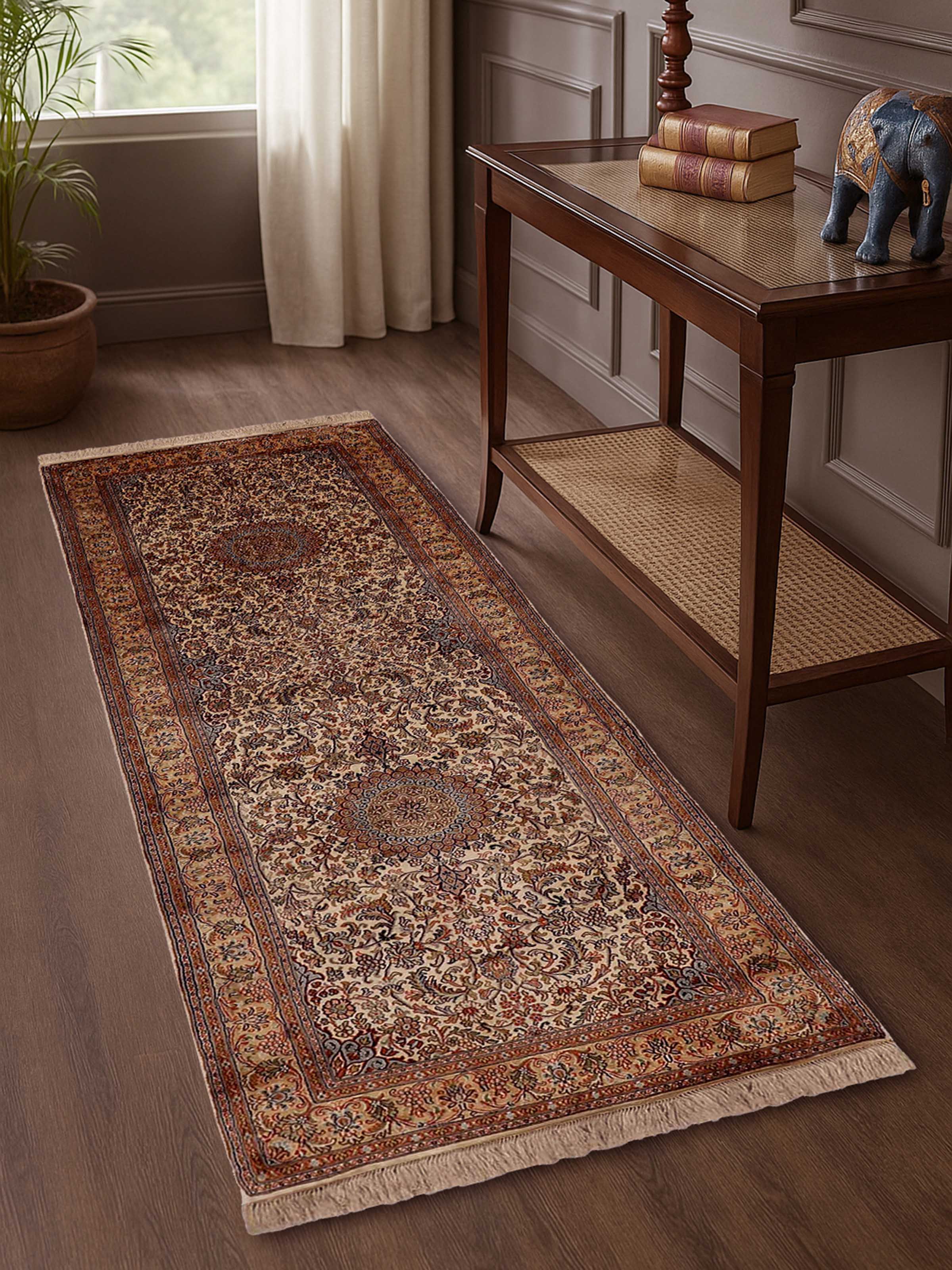 Traditional Persian Ivory Kashan Kashmir Silk Hand-knotted Runner