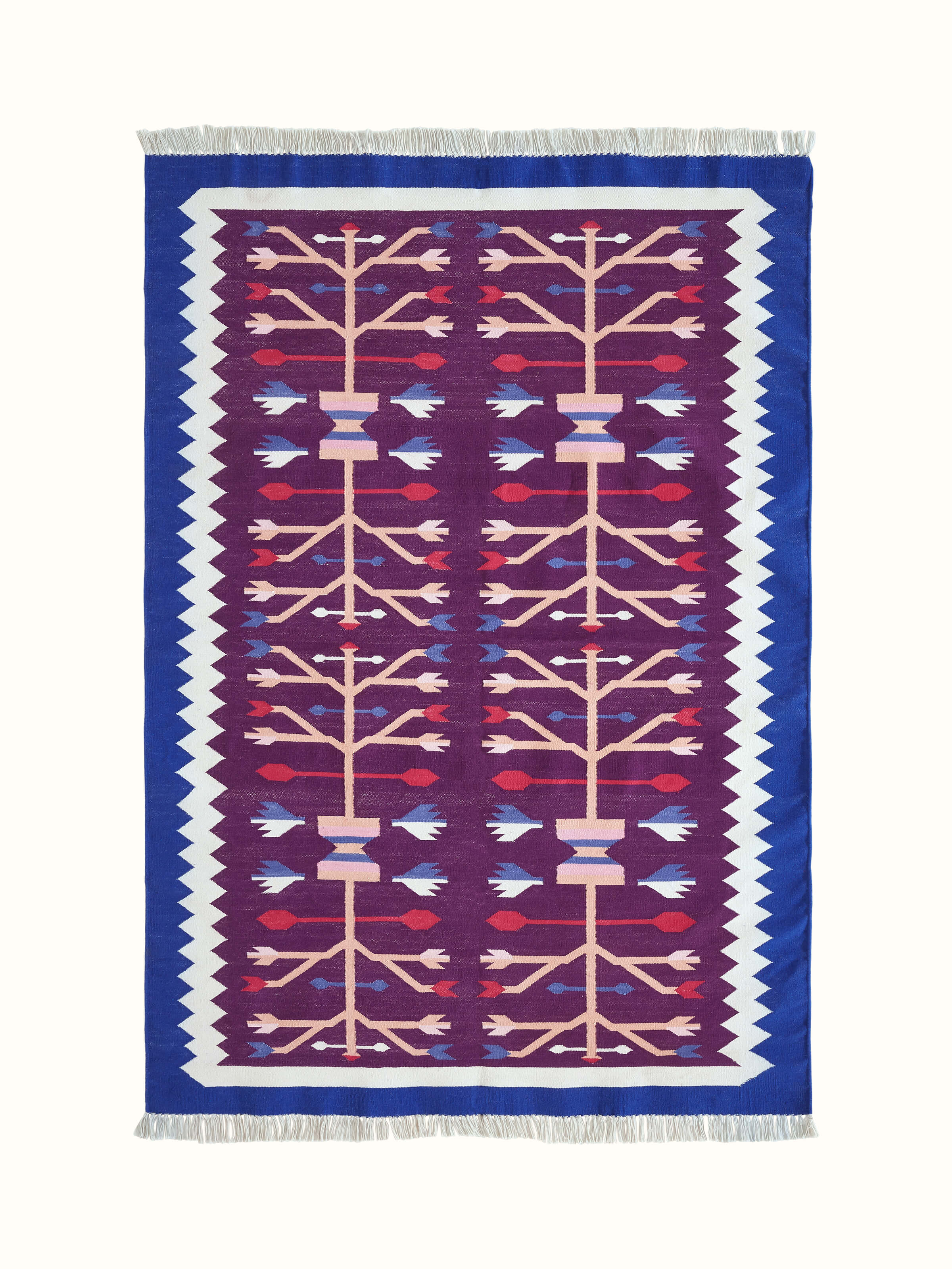 Front view showing the vibrant magenta floral Kilim design on Salawas cotton Panja dhurrie