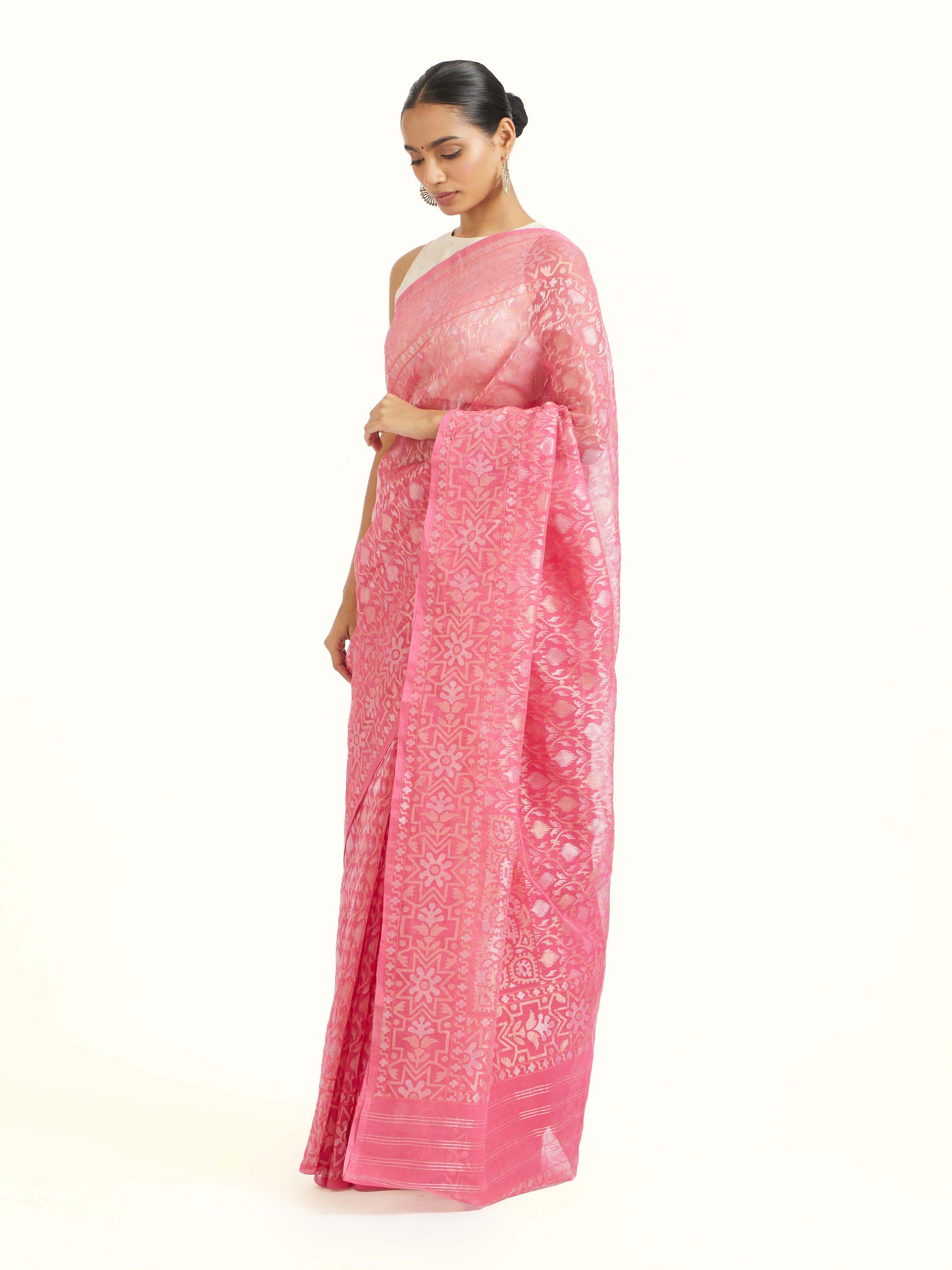 Orange Cotton Awadh Jamdani Banarasi Saree