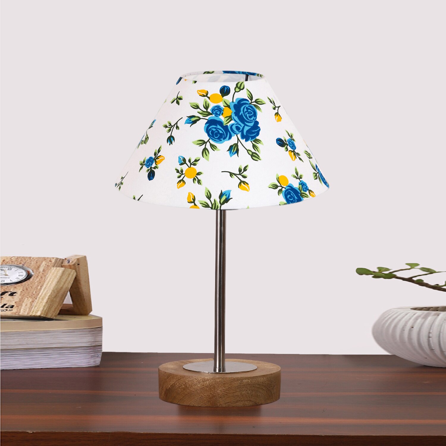 Devansh Multicolor Cotton Table Lamp With  Natural  Wood Base  & Steel Pipe (10X16.25 Inches)-38 - Devansh