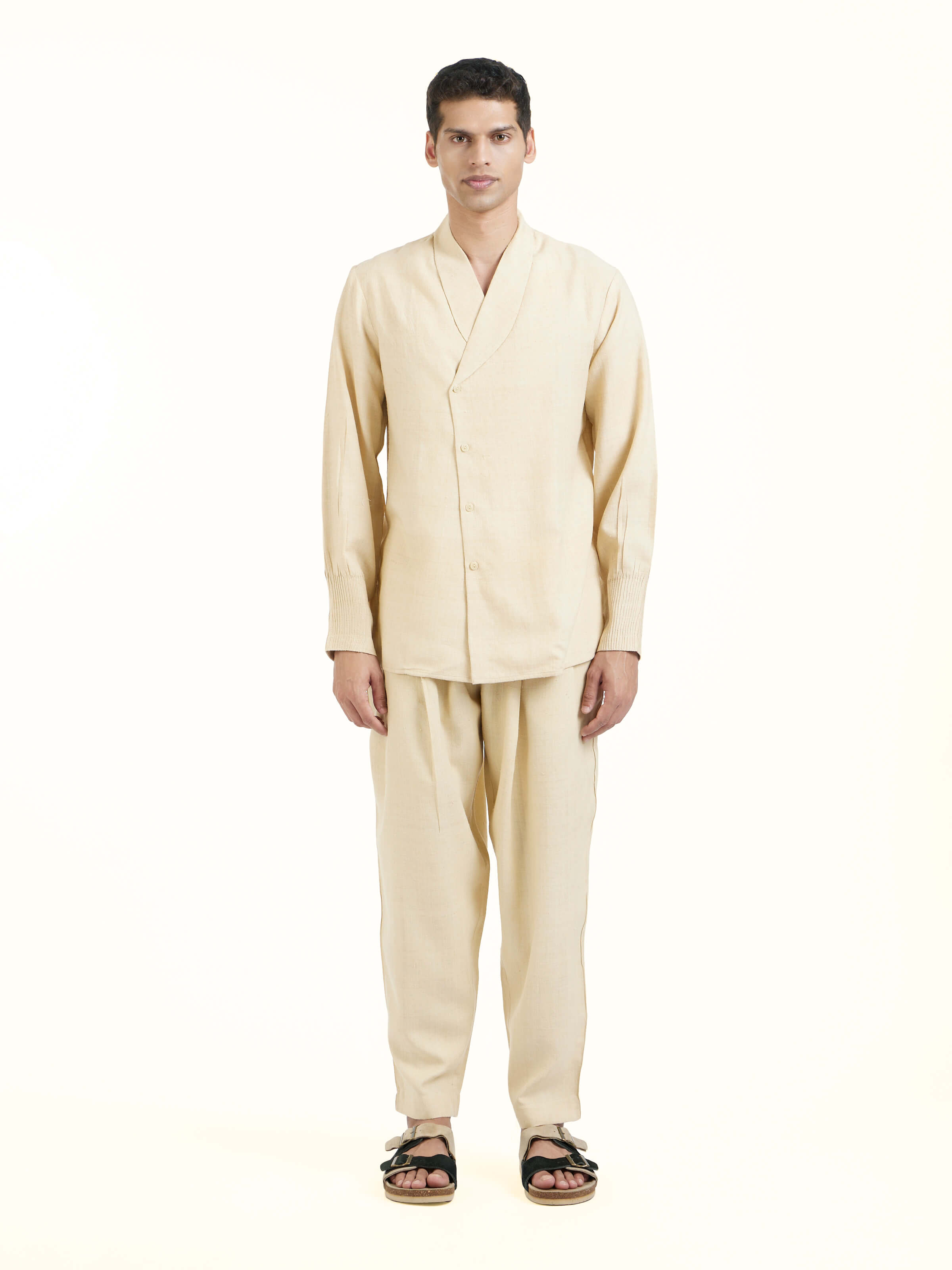 Front view of beige silk handloom jacket showcasing clean structure and texture