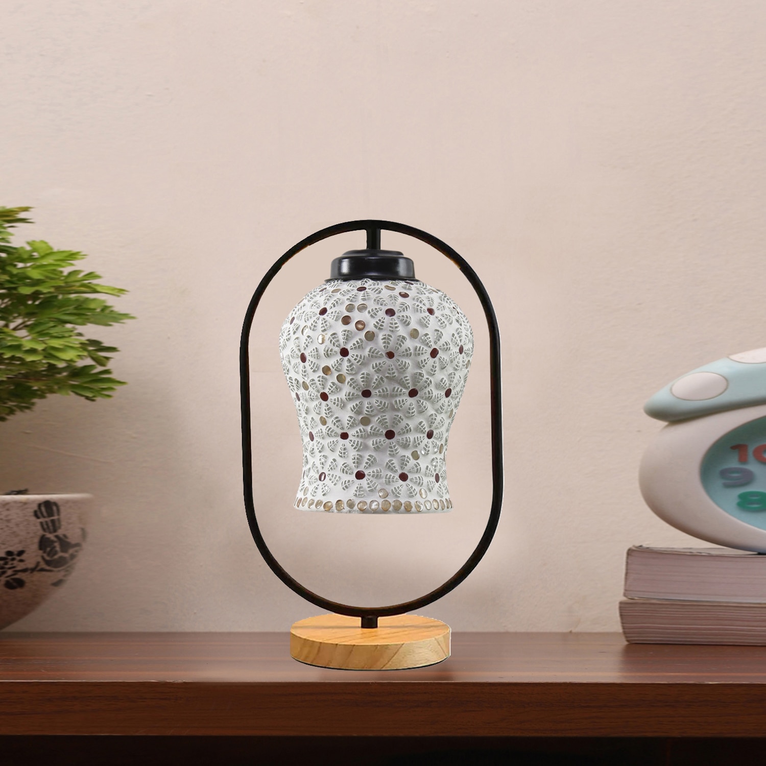 Devansh Multicolor Glass Wooden & Iron  Table Lamp -17 Inch Height  -Ae - Devansh