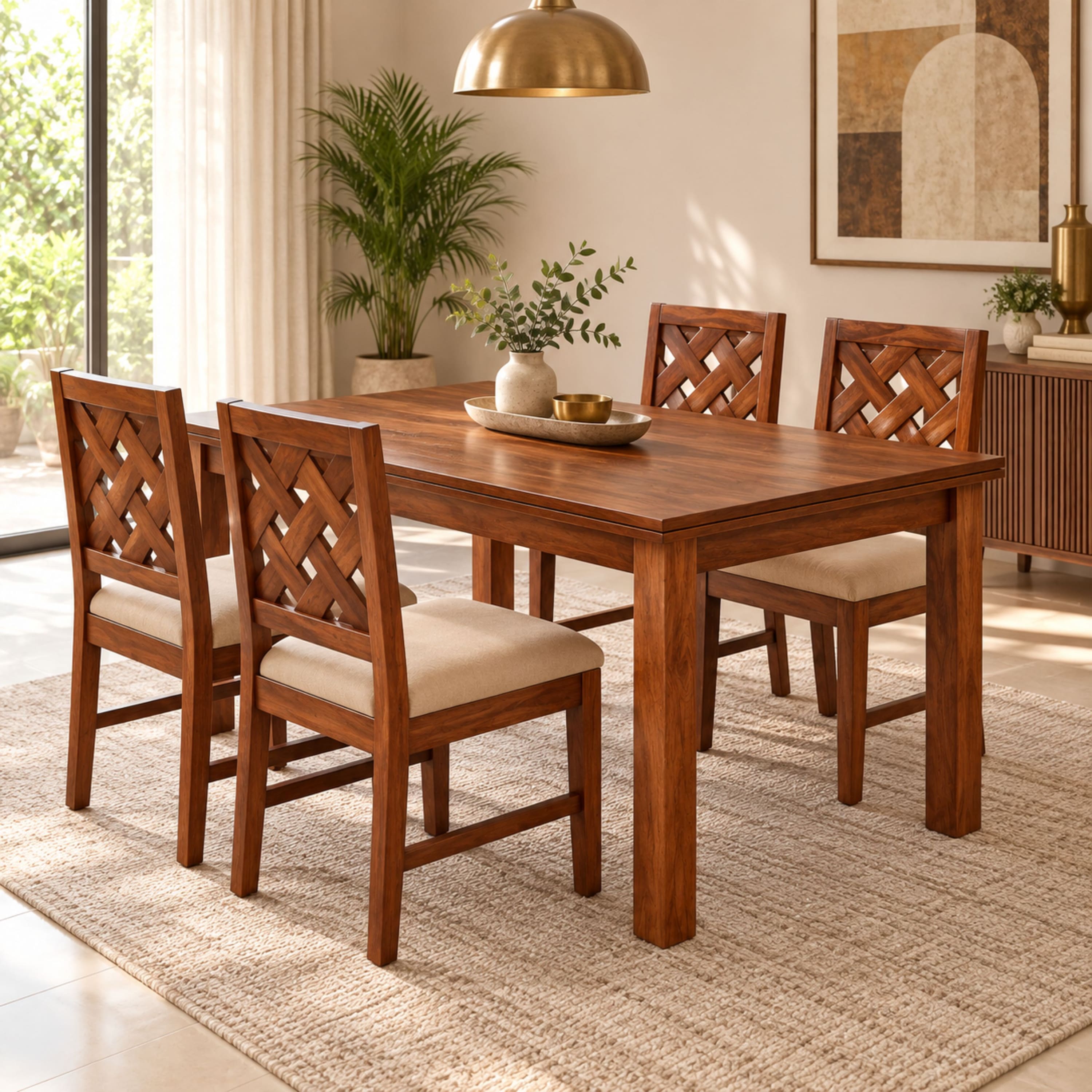 Globally Indian Jaalika Solid Sheesham Wood 4 Seater Dining Table Set 4 Chairs Beige