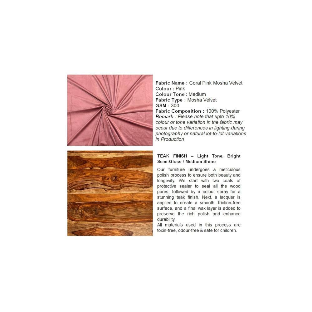Rosslyn wood Dining Chair in Coral Pink Velvet Upholstery with TEAK FINISH