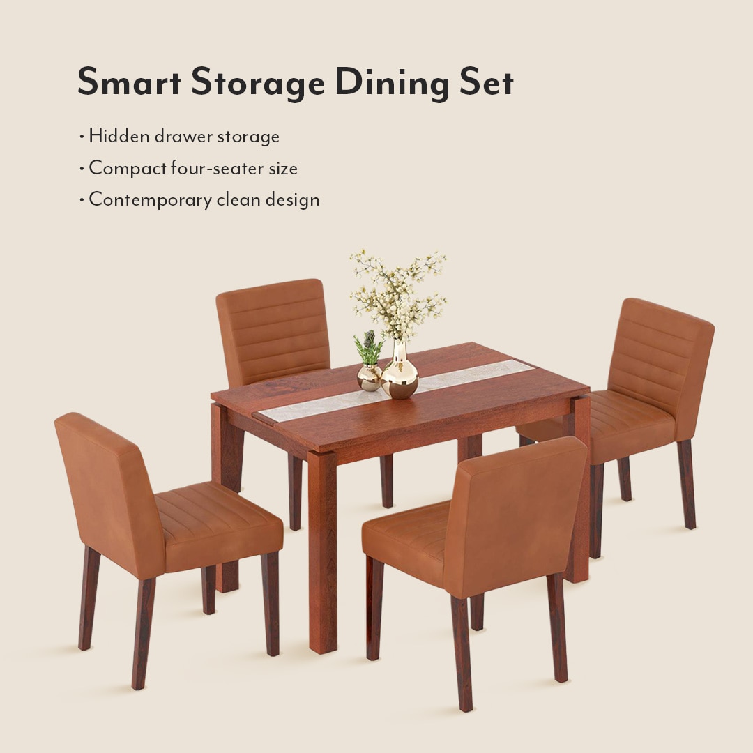 Atlas Crest Storage Solid Wood 4 Seater Dining Table With Ludo Dining Chairs