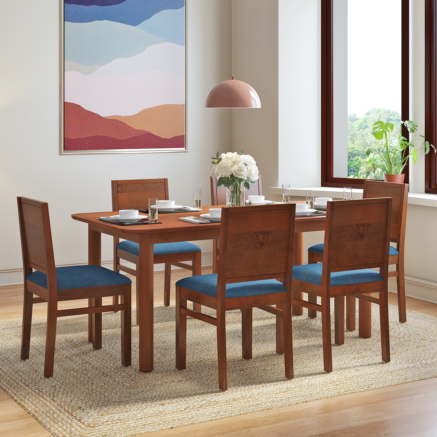 Dane Solid Wood Dining Table 6 Seater with 6 Atlas Dining Chairs (Finish: Honey, Colour: Baltic Blue) - Urban Ladder