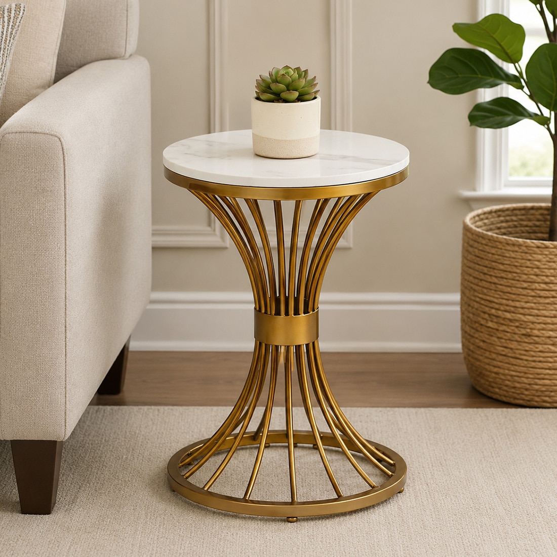 White Porcelain Top End Table Gold Finish - Bhavya Exports