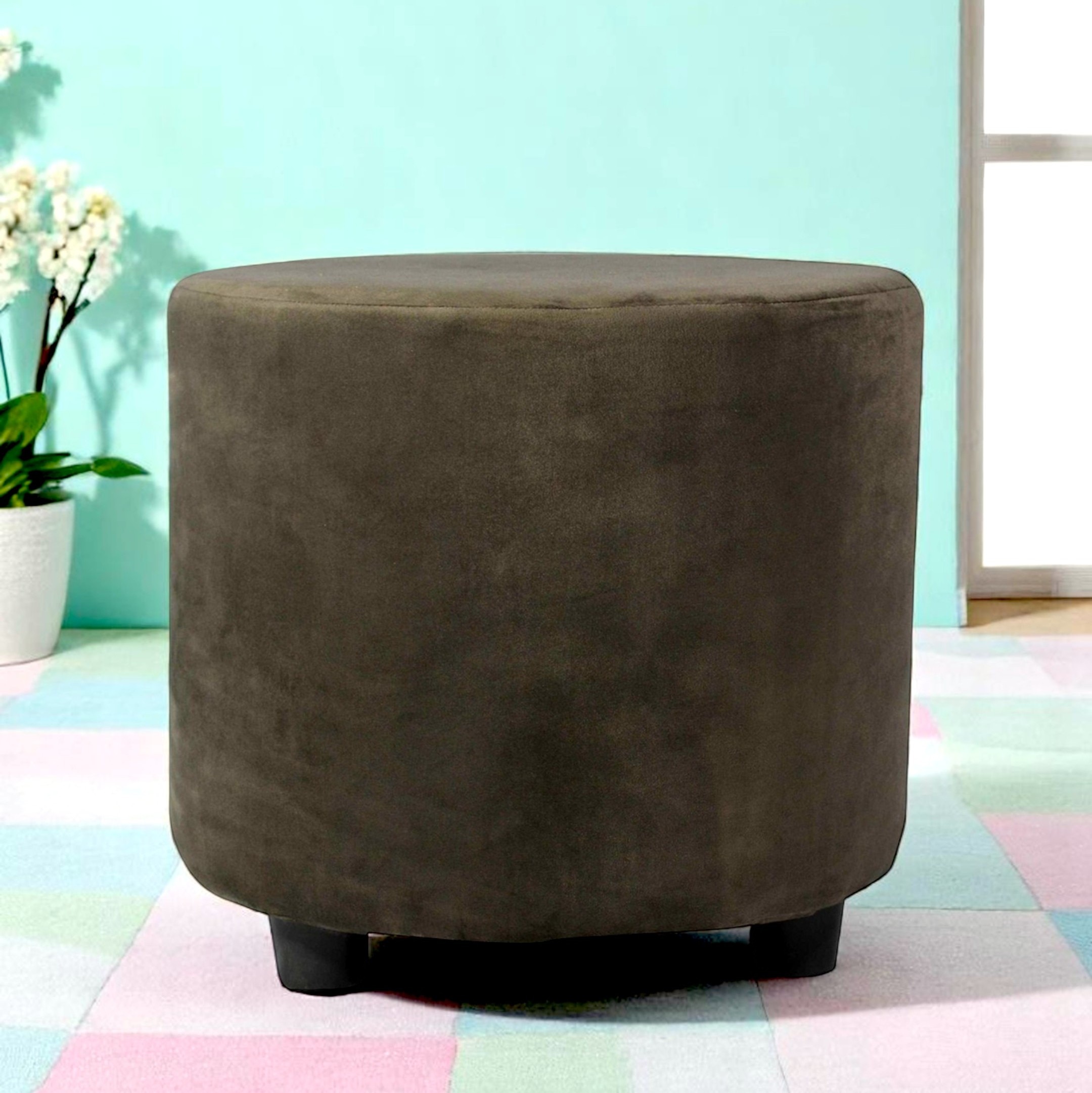 Iris Solid Wood Pouffee Stool in Grey Velvet Fabric