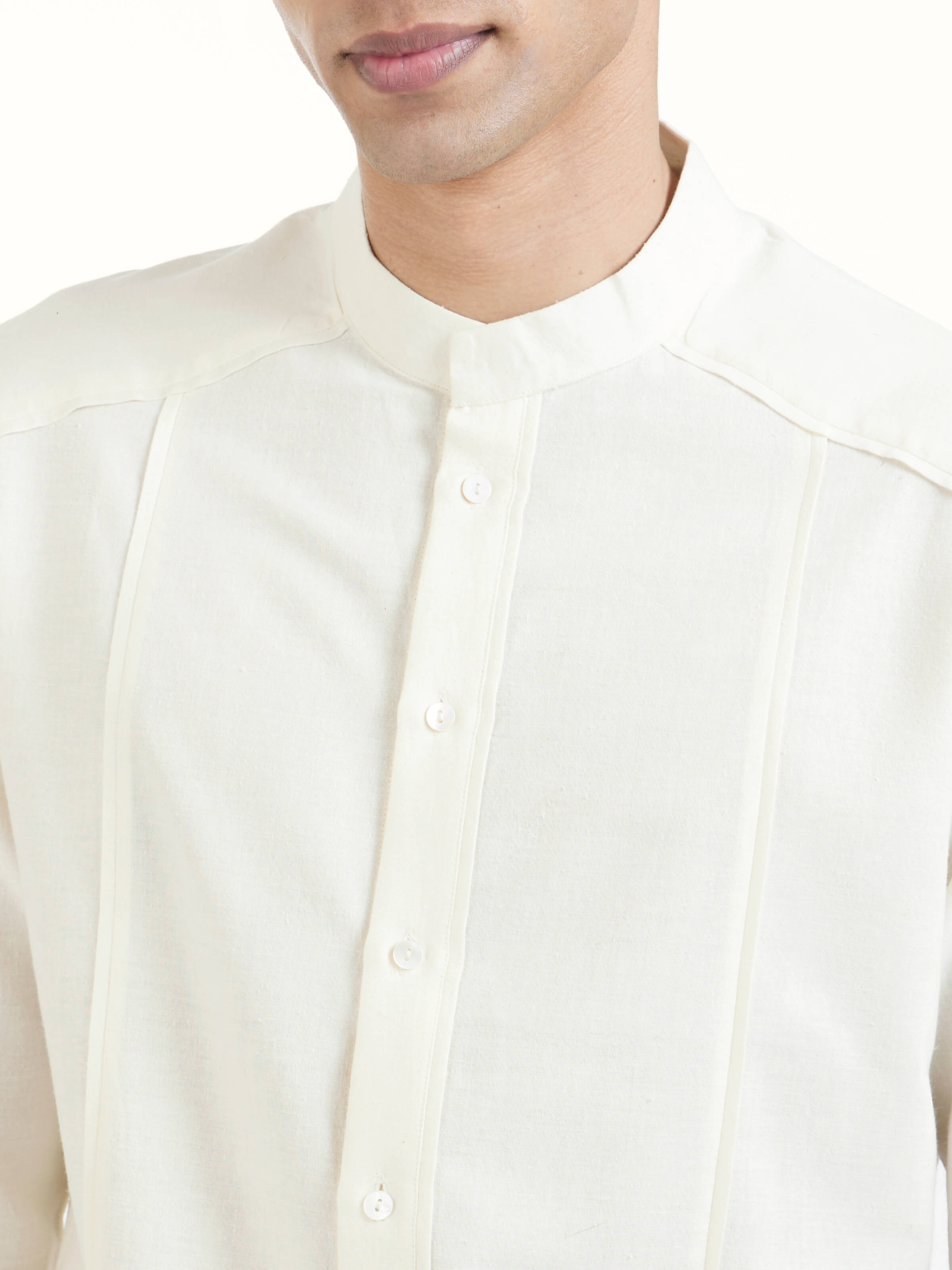 Detail view of ivory cotton handloom full sleeve shirt showing handloom craftsmanship