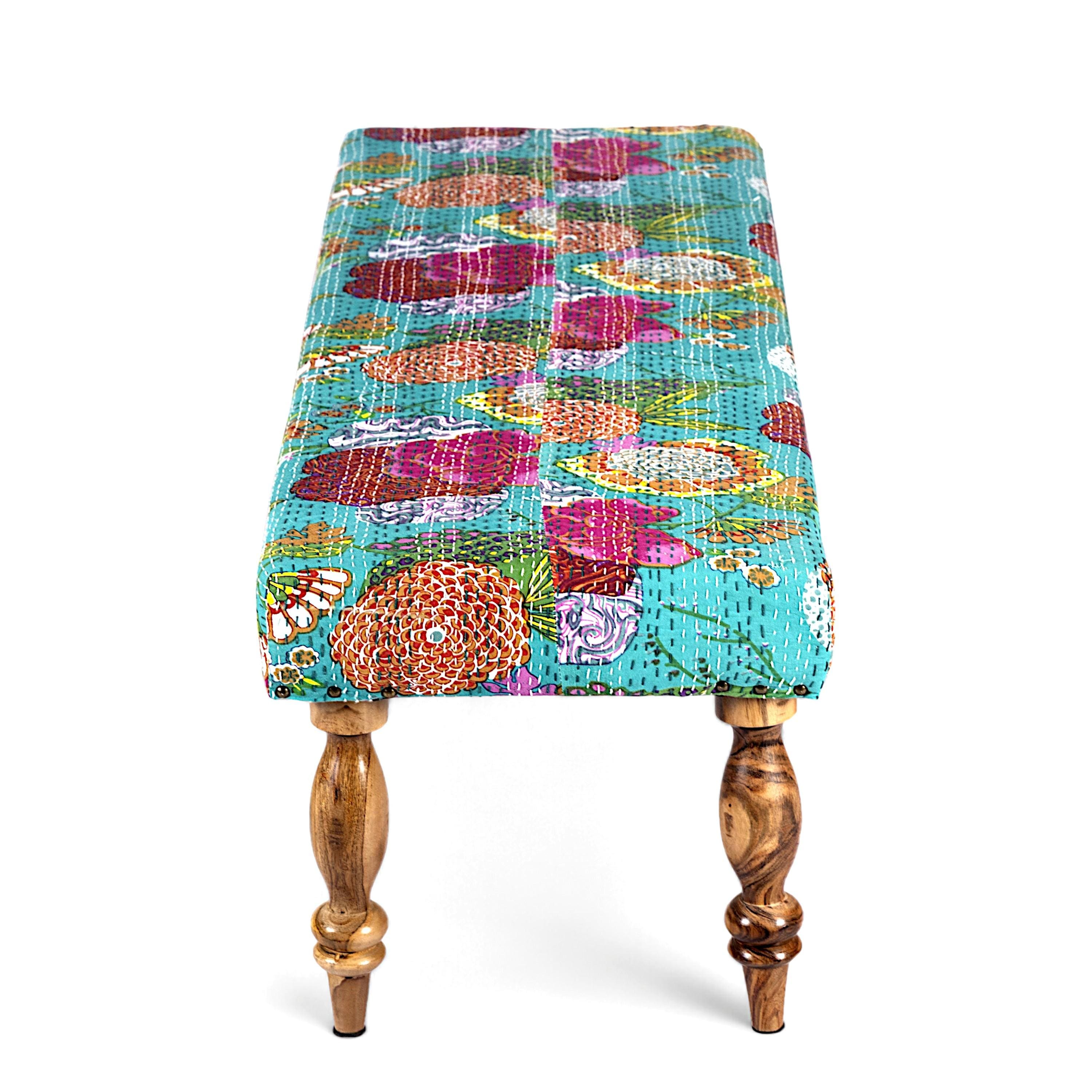 Cairo Sheesham Wood Mid Century Seater Bench Set With 2 Stools In Sea Green Fruit