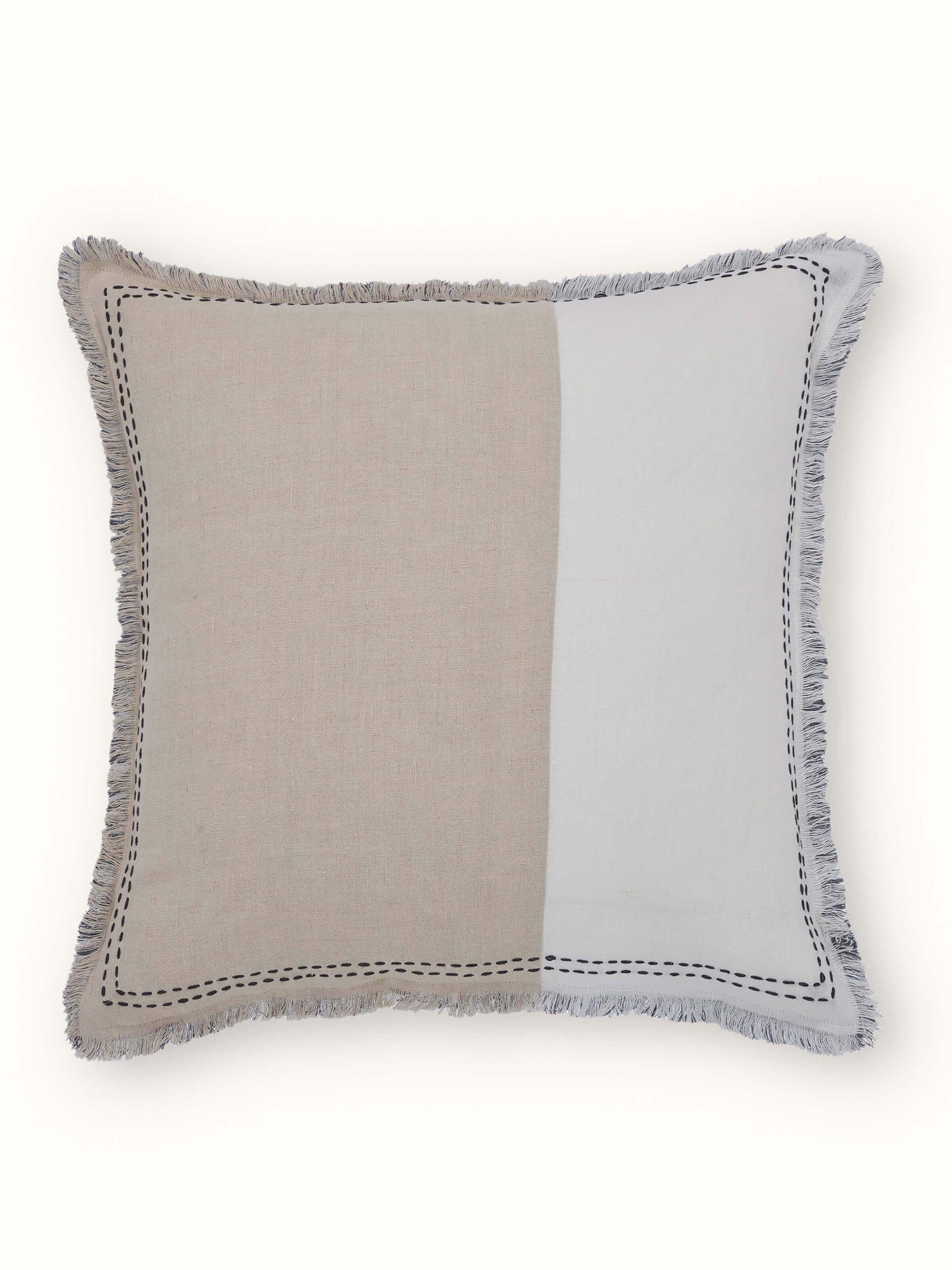 Kahani Beige Ivory Linen Kantha Hand Embroidery Cushion Cover