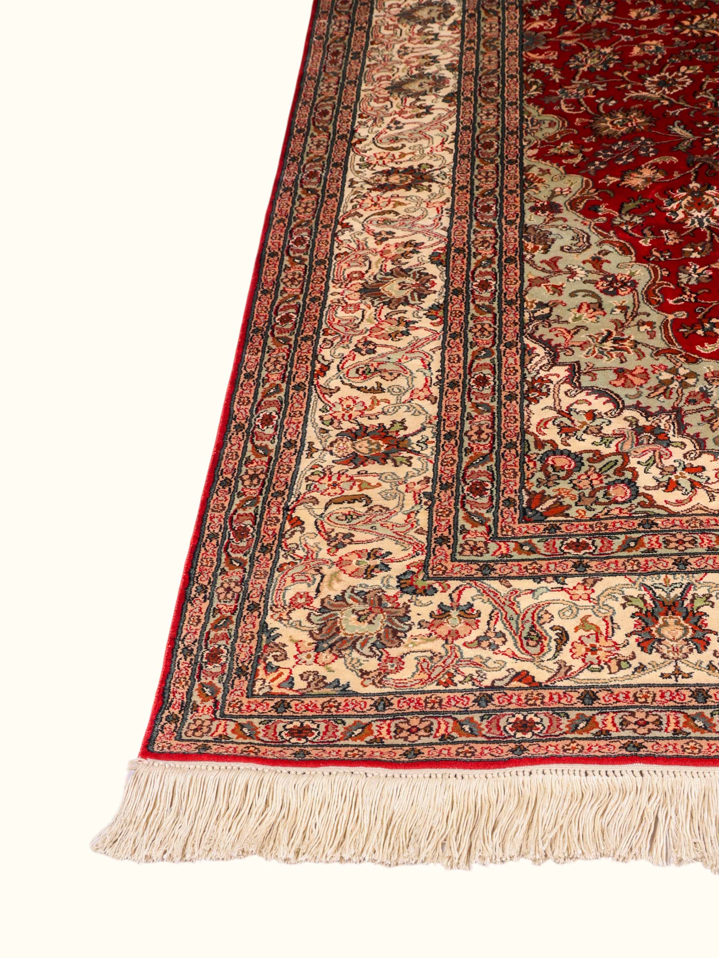 Traditional Persian Red Ivory Kashan Kashmir Silk Hand-Knotted Carpet