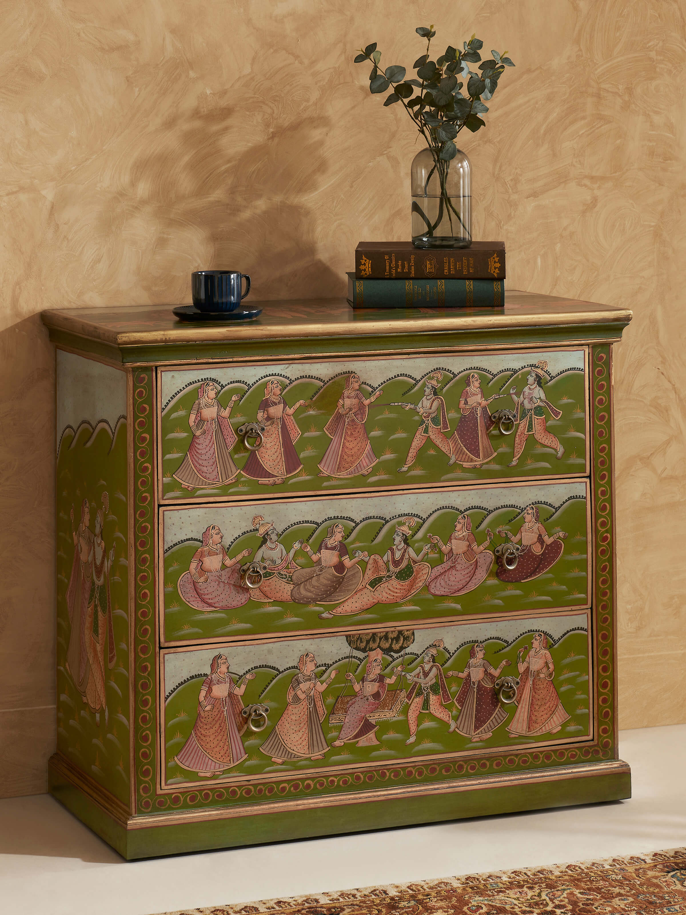 Front view of Miniature Painted Chest (3-Drawers) featuring vibrant hand-painted designs and compact storage.