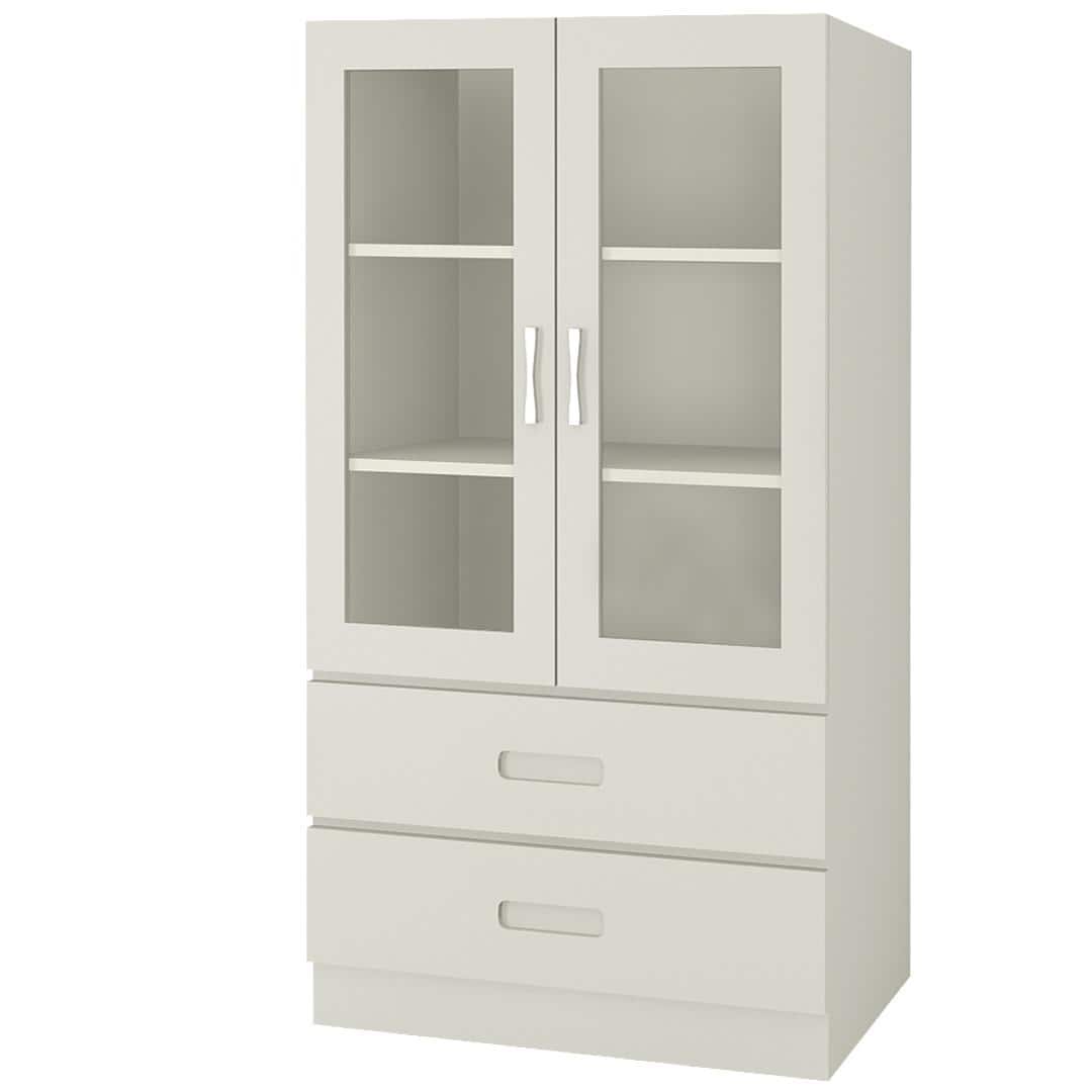 Paloma Large Crockery cum Bookshelf Cabinet with Toughened Glass Shutters and Drawers in Ivory Colour
