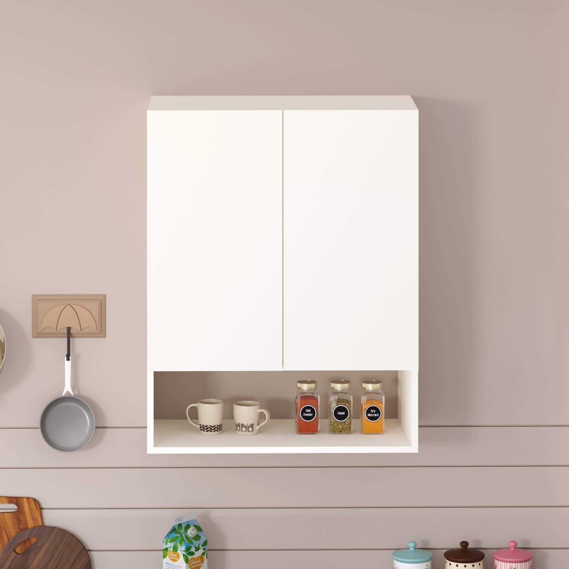 Opryt Engineered Wood Wall Mounted with Shelf Kitchen Cabinet Rack In White Finish