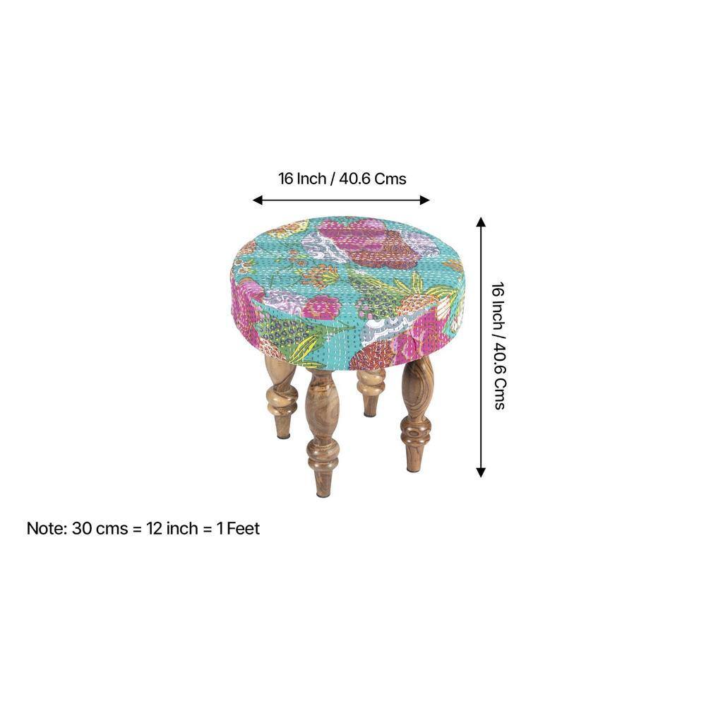 Roswell Sheesham Wood Mid Century Round Set of 2 Stools in Sea Green Fruit Print Kantha Upholstery