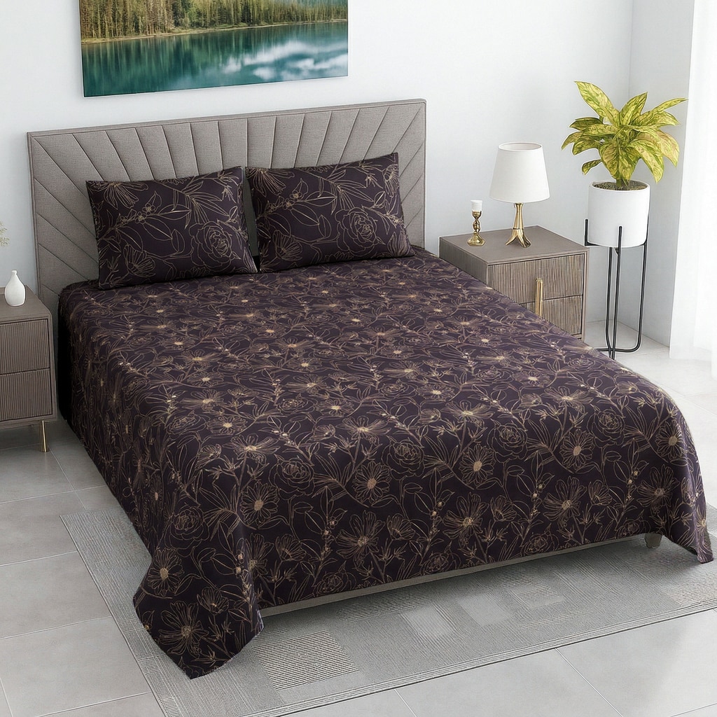 Uma Chocolate Shade Floral 400 TC Cotton Flat Double Queen Size Bedsheet with 2 Pillow Covers – Threads - Threads