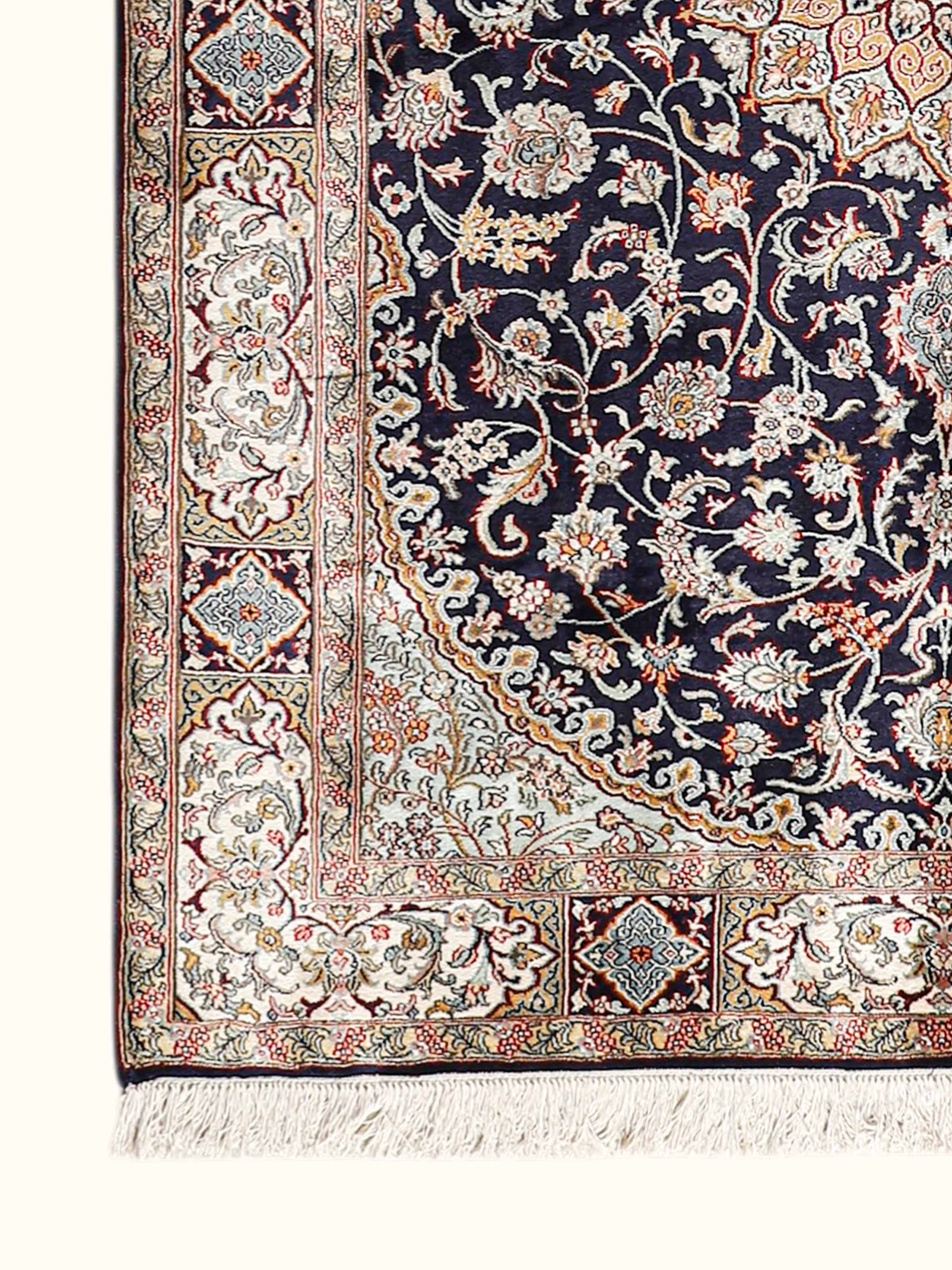 Traditional Persian Navy Ivory Nain Kashmir Silk Hand-Knotted Carpet