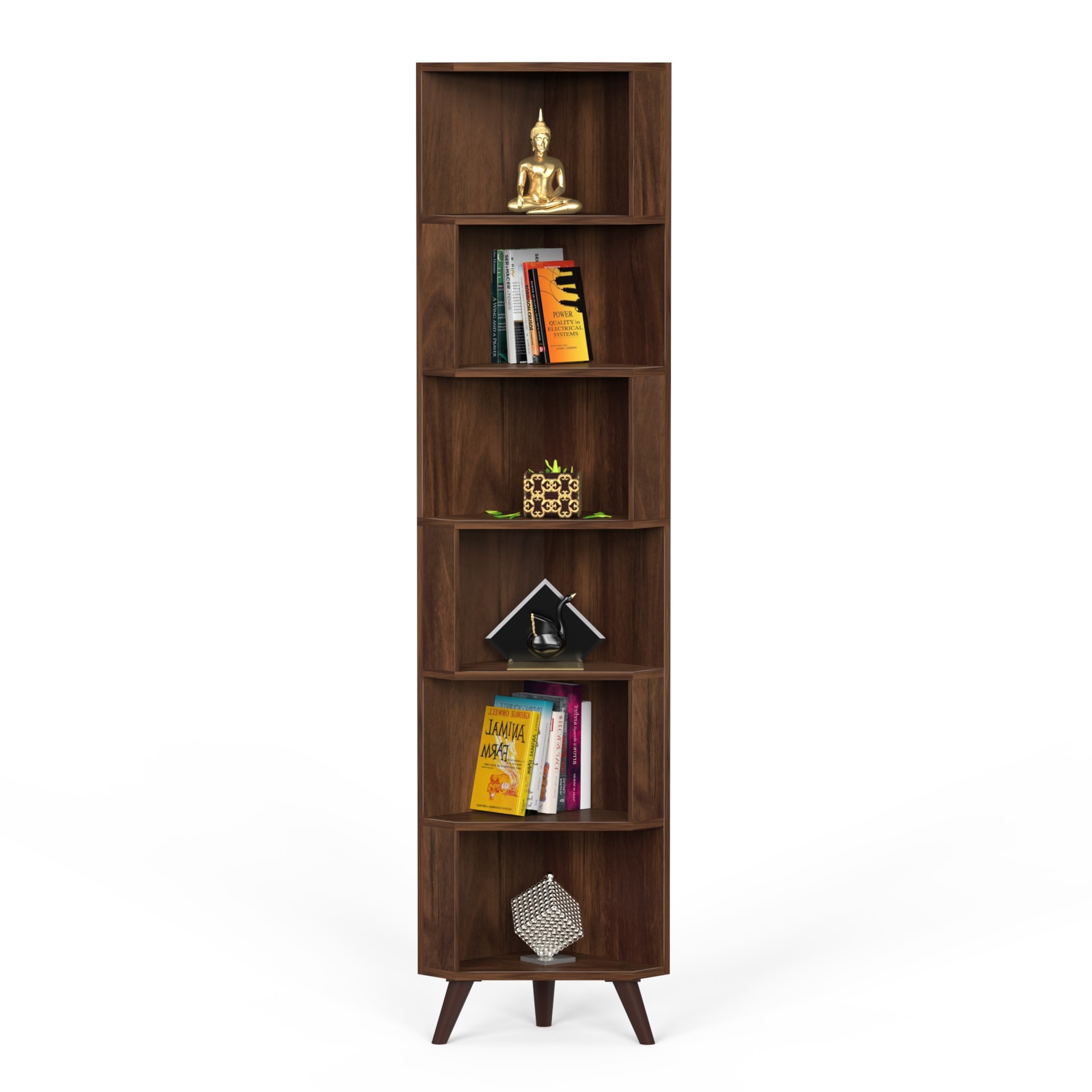 BLUEWUD Veluno Corner Shelf Bookshelf Cabinet Book Rack Organizer with Shelves for Storage D�cor Display Cabinet Floor Standing for Living Room Home Library (Brown Maple)