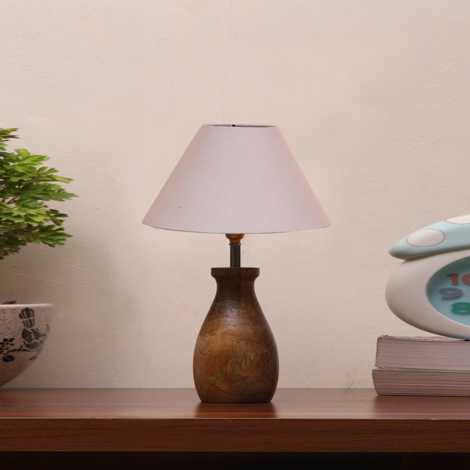 Devansh Grey Cotton Table Lamp With Wood Natural Base (10X12.5 Inches)-30