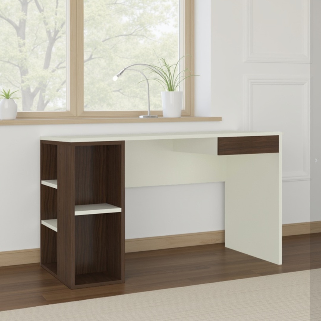 Astra Study Desk with Open Shelves and Drawer in Ivory Coffee Walnut Colour