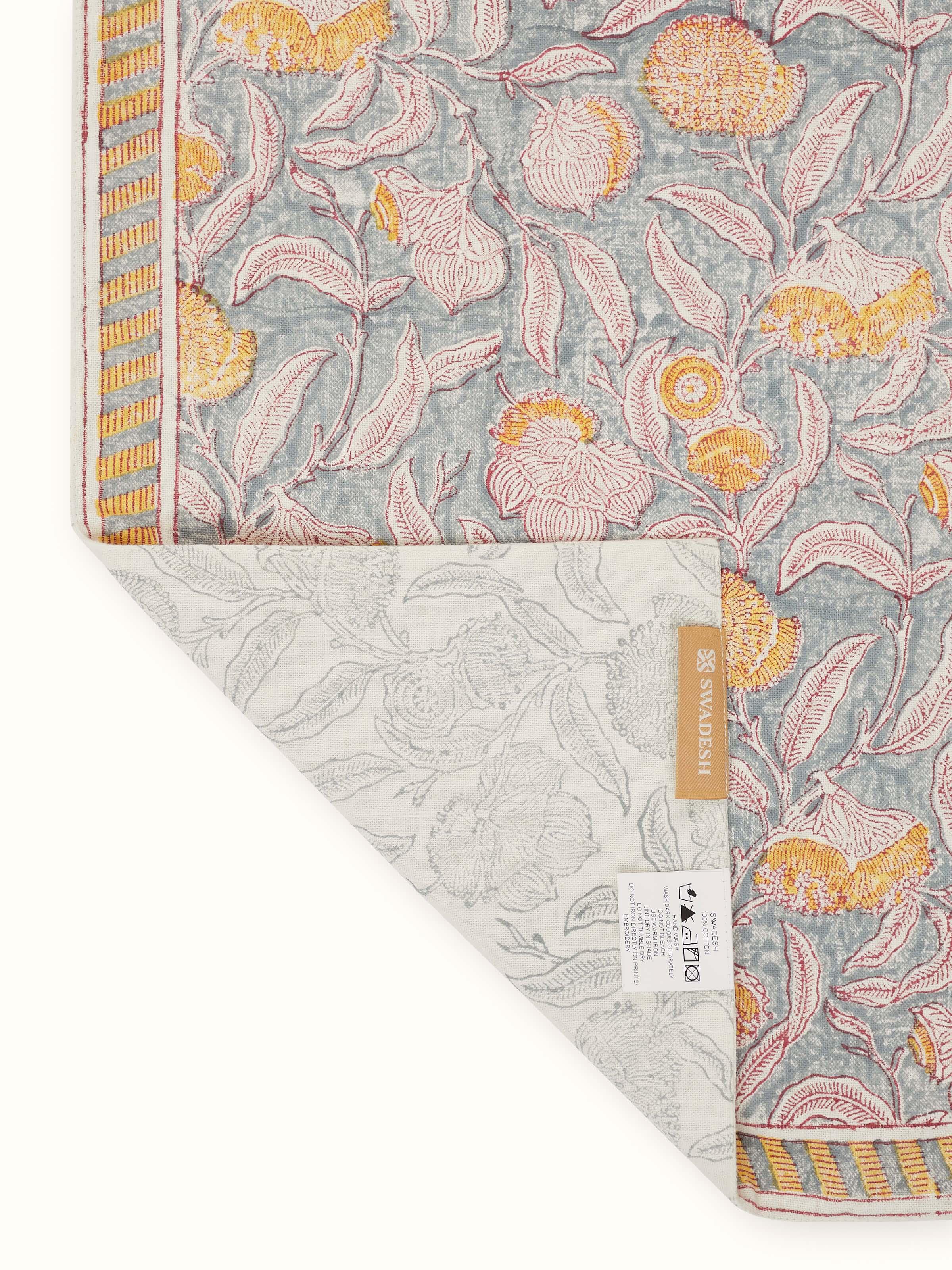 Samaha Grey Floral Cotton Sanganeri Hand Block Printed Table Runner (6 Seater)