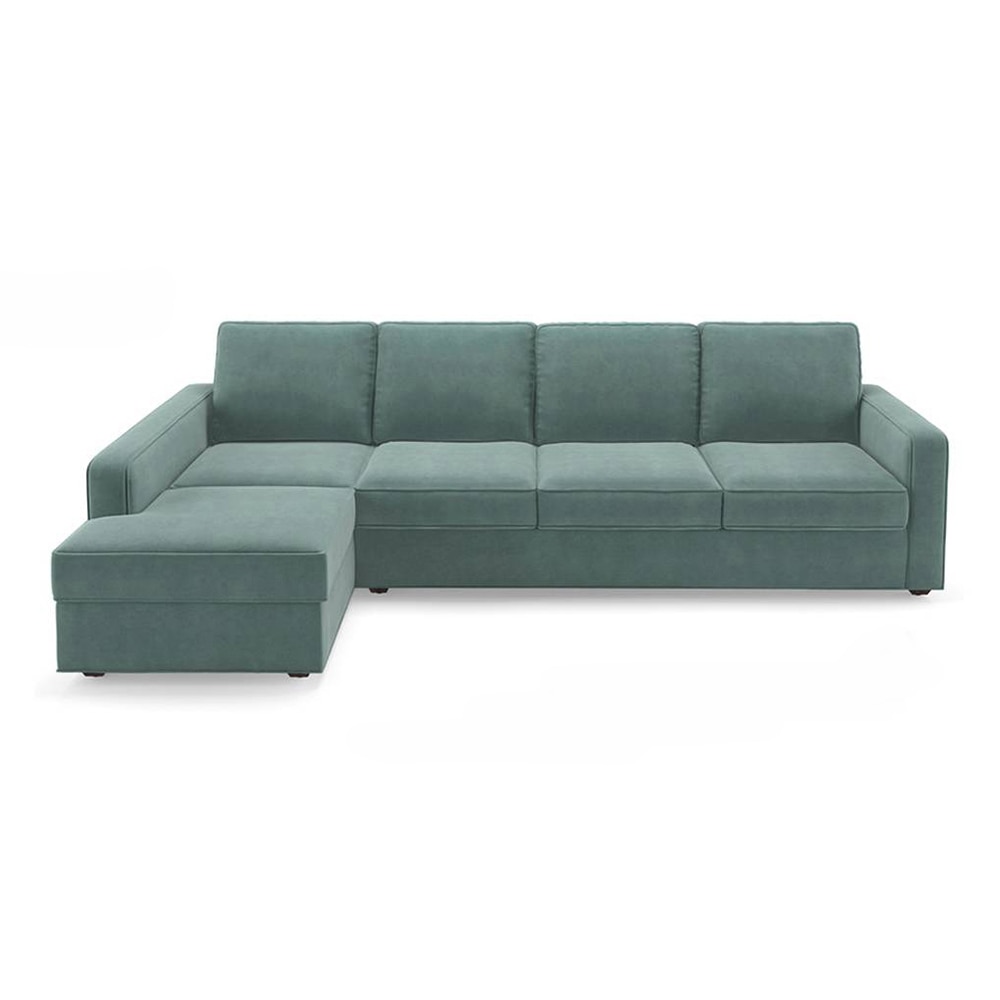 Apollo Compact Sofa (Colour : Dusty Turquoise Velvet, Cushion : Hard, Back Type : Regular, Seating Capacity : Left Aligned 3 Seater + Left Aligned Chaise + Ottoman) - Urban Ladder