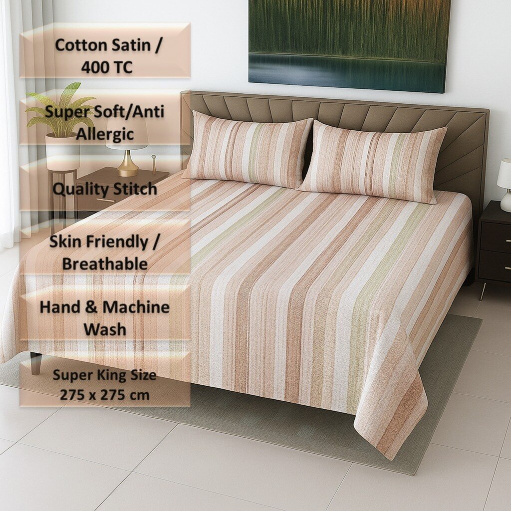 Multicolor Abstract 400 TC Cotton Satin Flat Super King Bed Size Bedsheet With 2 Pilllow Covers  Threads