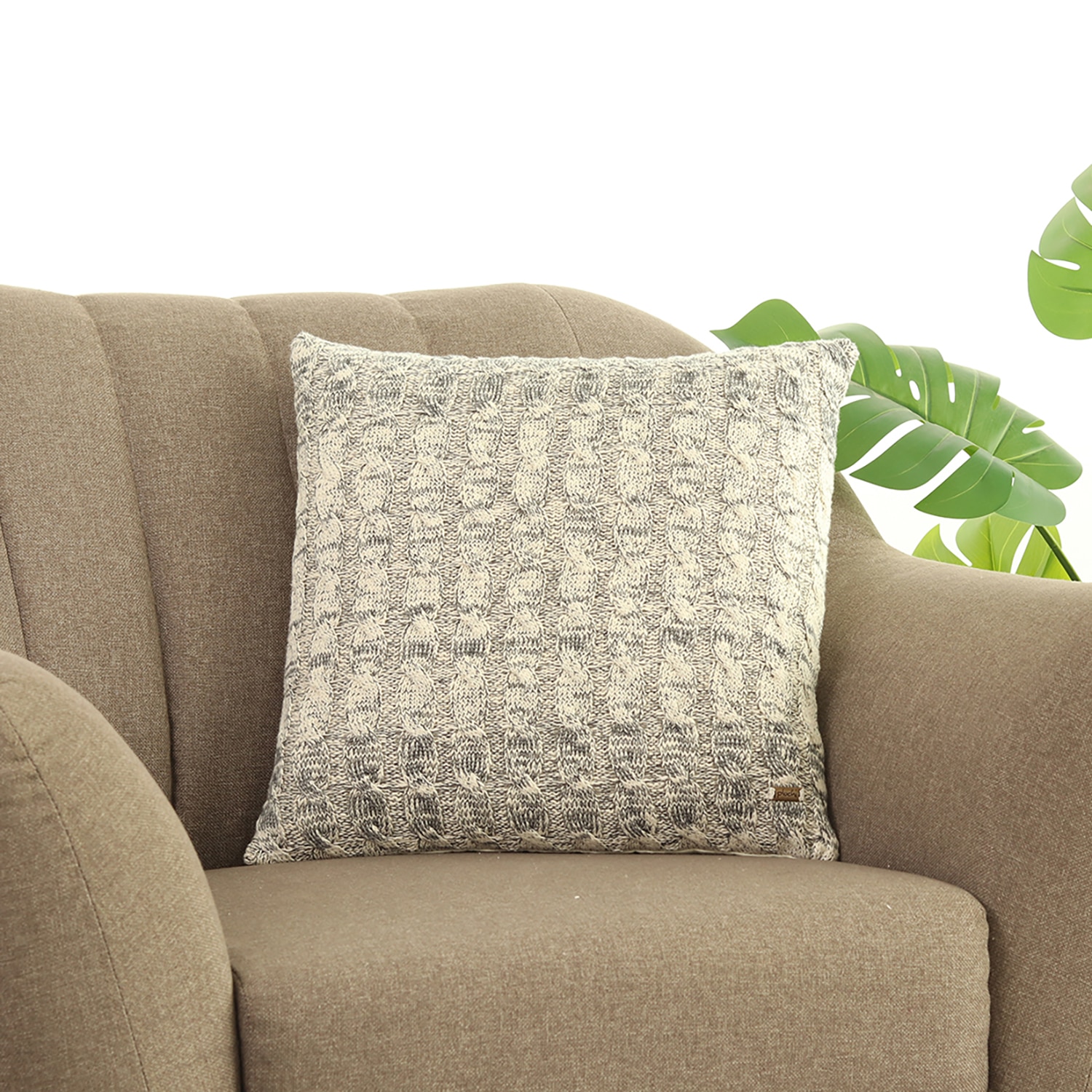 Cable Knit Dark Grey  And Natural Cotton Cushion Cover 18X18 Inches