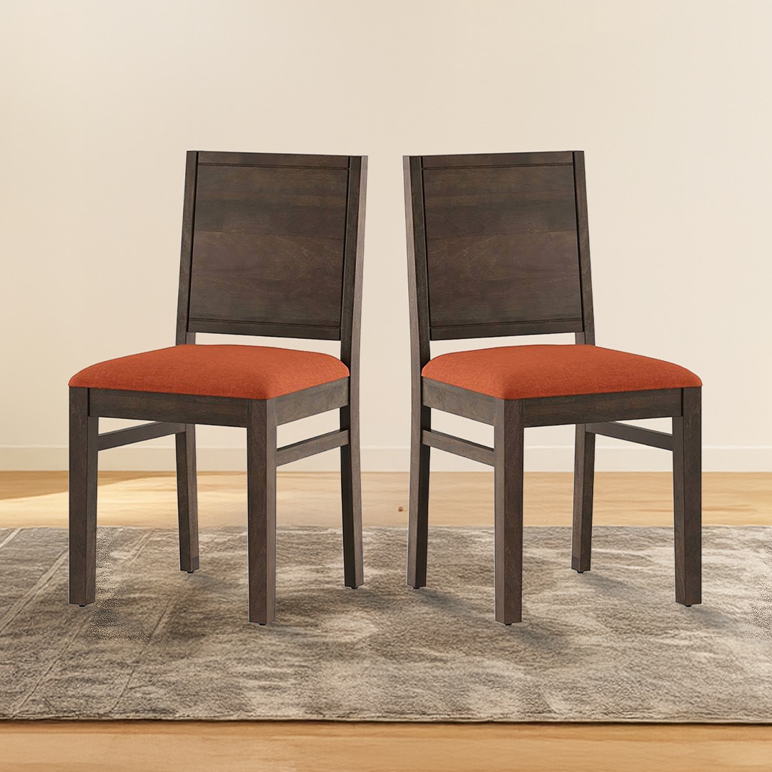 Atlas Dining Chairs Set Of 2 Finish In Danish Walnut Finish With Burnt Orange Colour Fabric