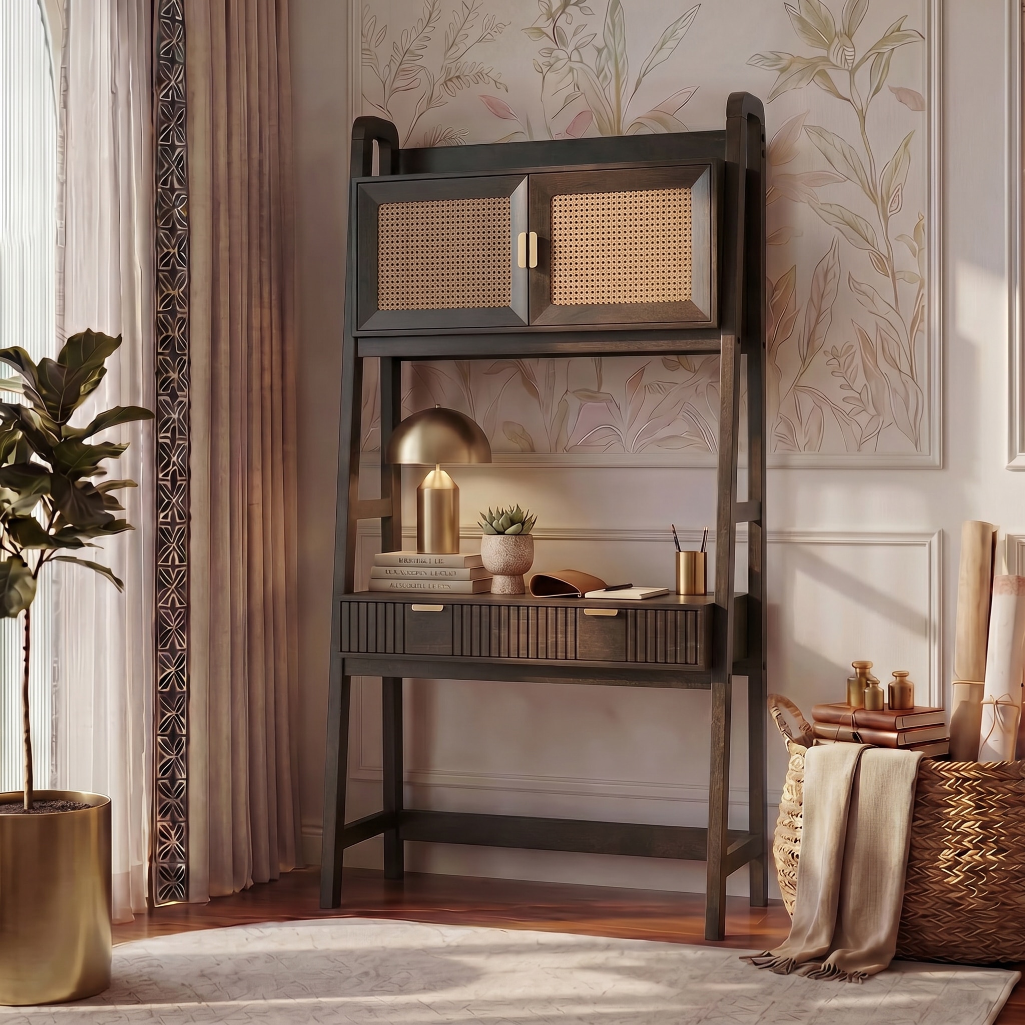 Strava Solid Wood and Cane Study Unit in Dark Chestnut Finish
