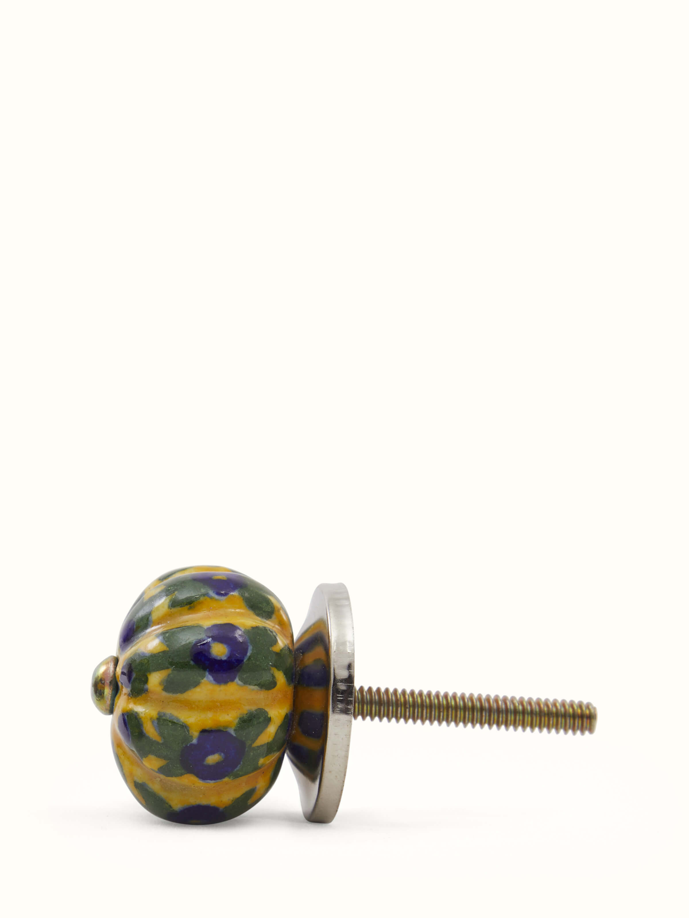 Artisan blue pottery round rib door knob set – perspective view