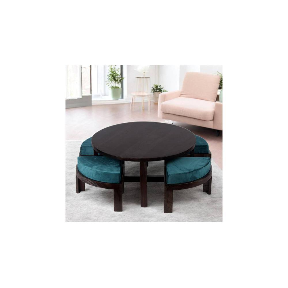 Nashville Sheesham Wood Coffee Table With 4 Stools Set In Mahogany Finish & Turquoise Sea Velvet Fabric Cushions