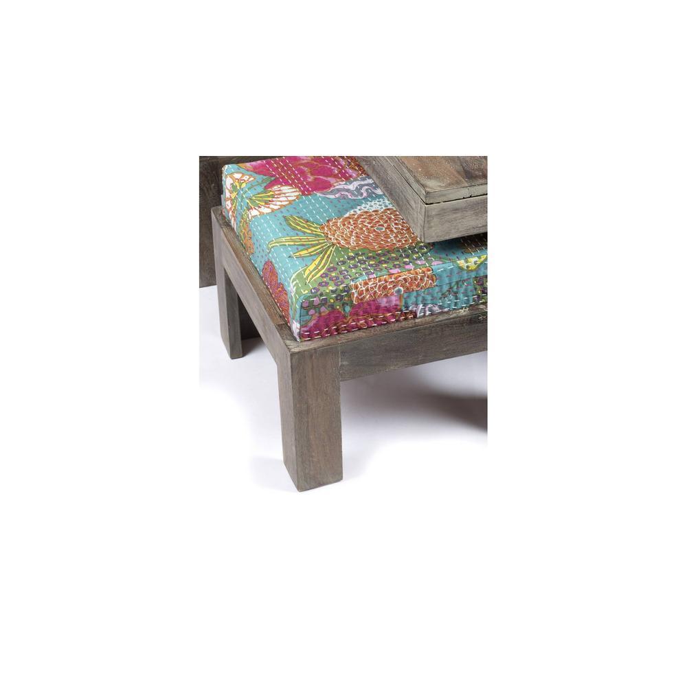 Blane Sheesham Wood 4 Seater Coffee Table Set In Antique Grey Finish Floral Print Green Kantha Cushion