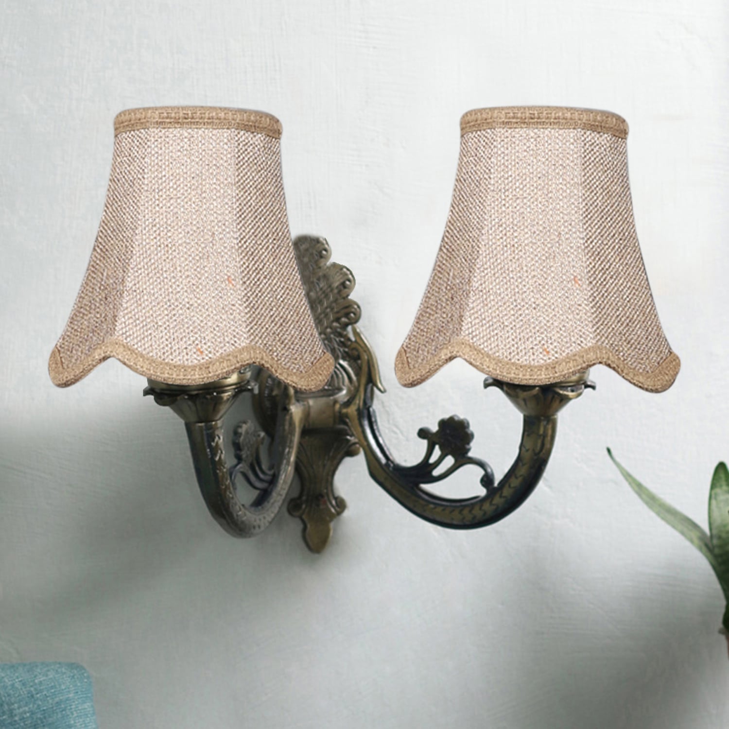 Devansh Dual Gold  Antique Wall Mounted Lamp With Beige Jute Shade