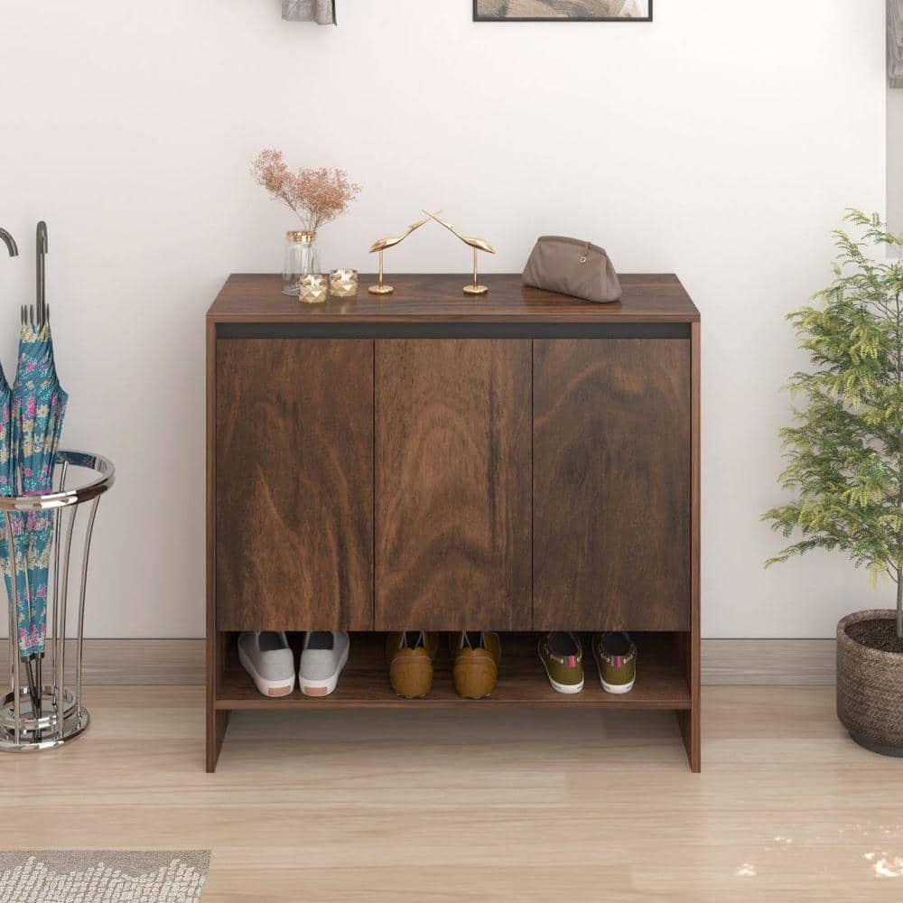 Mavis Engineered Wood 3 Doors Shoe Rack Cabinet Slipper Footwear Stand Organizer with Premium Handleless Design and A Open Shelve, Store Up to 16 Pairs for Living Room Home (Brown Maple)