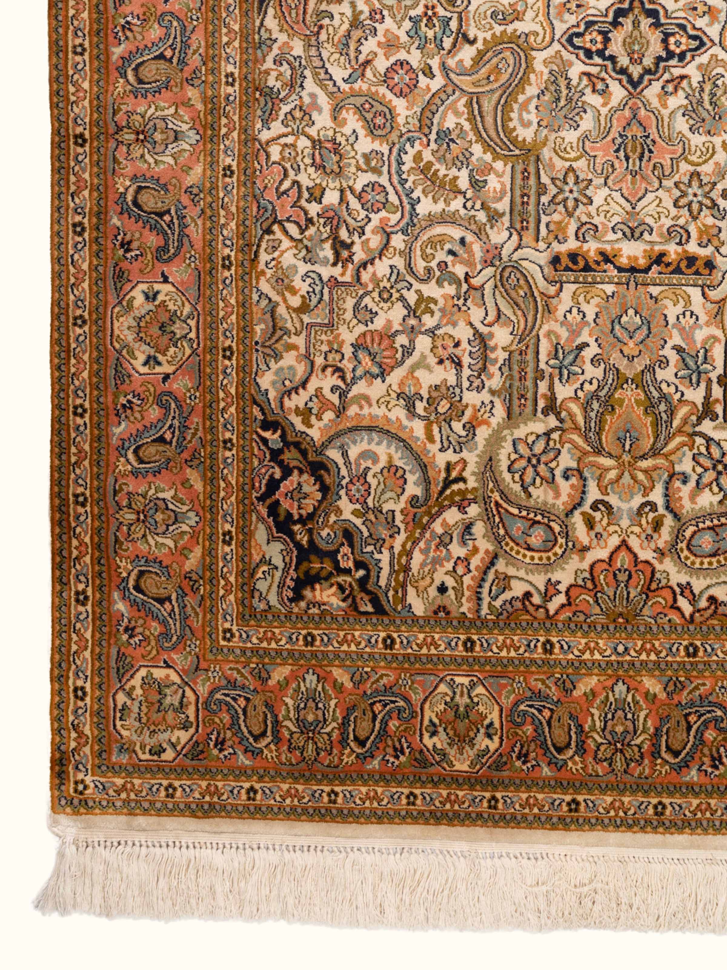 Traditional Persian Ivory Tabriz Kashmir Silk Hand-Knotted Carpet