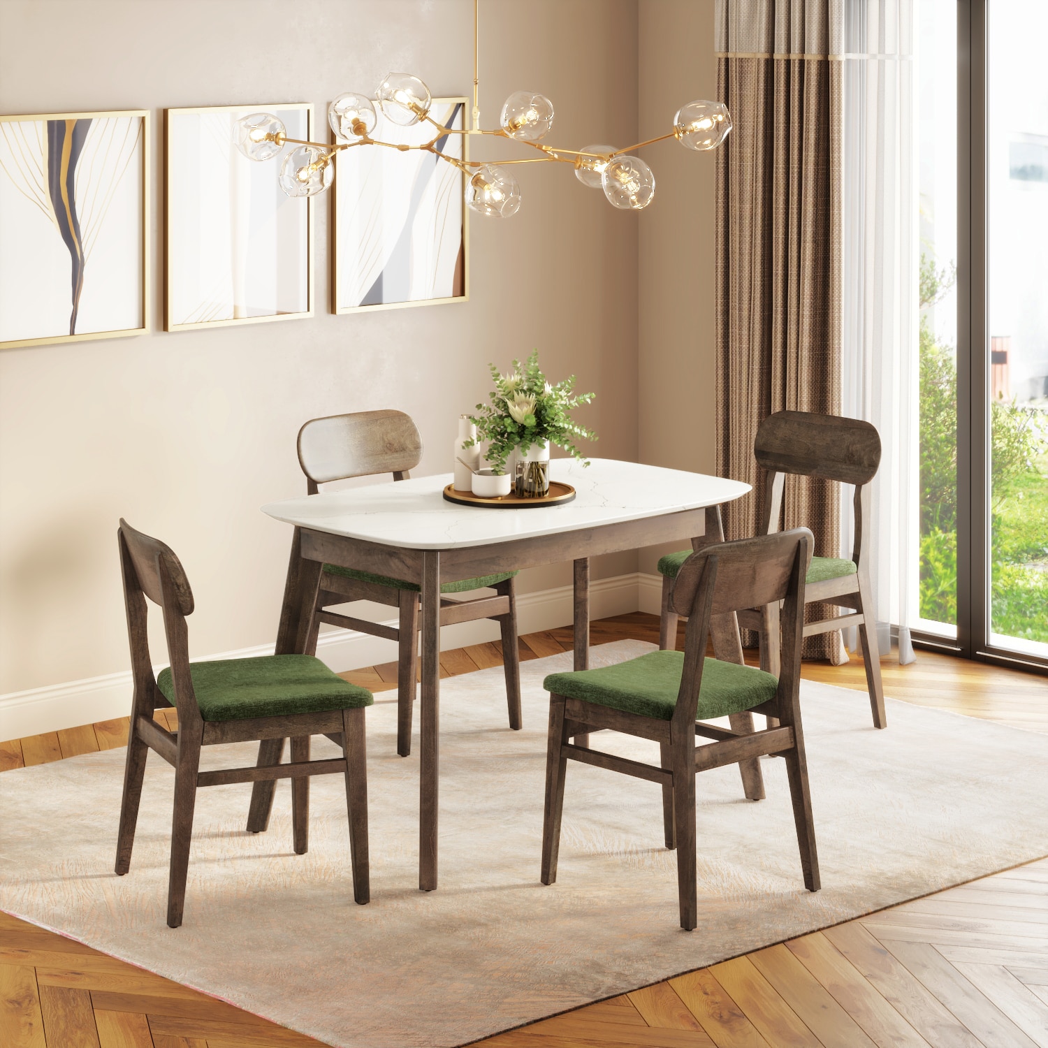 Lunar Solid Wood and Carrara White 4 Seater with 4 Lunar Dining Chair (Finish: Danish Walnut, Colour: Moss Green) - Urban Ladder