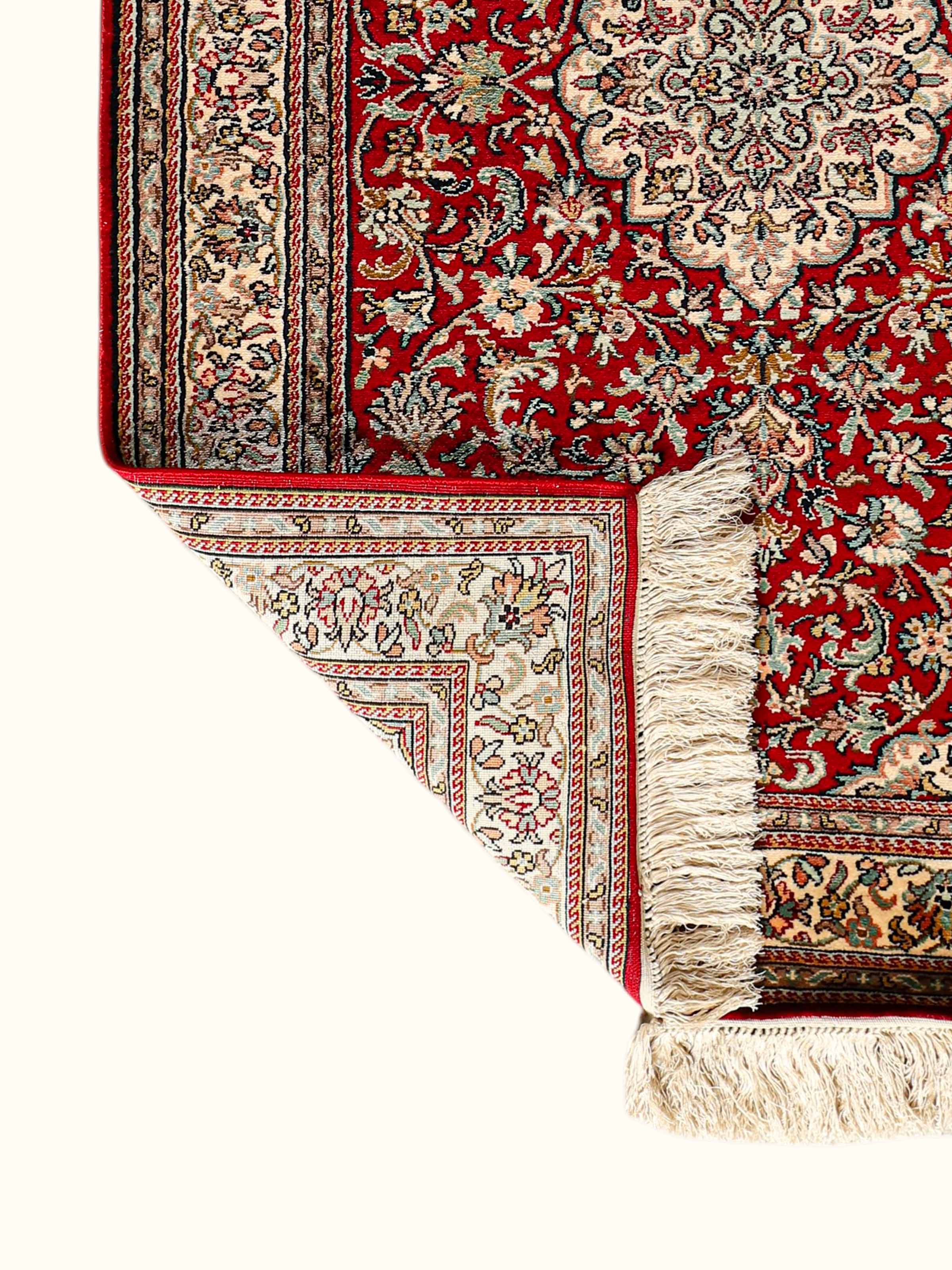 Traditional Persian Red Ivory Kashan Kashmir Silk Hand-Knotted Carpet