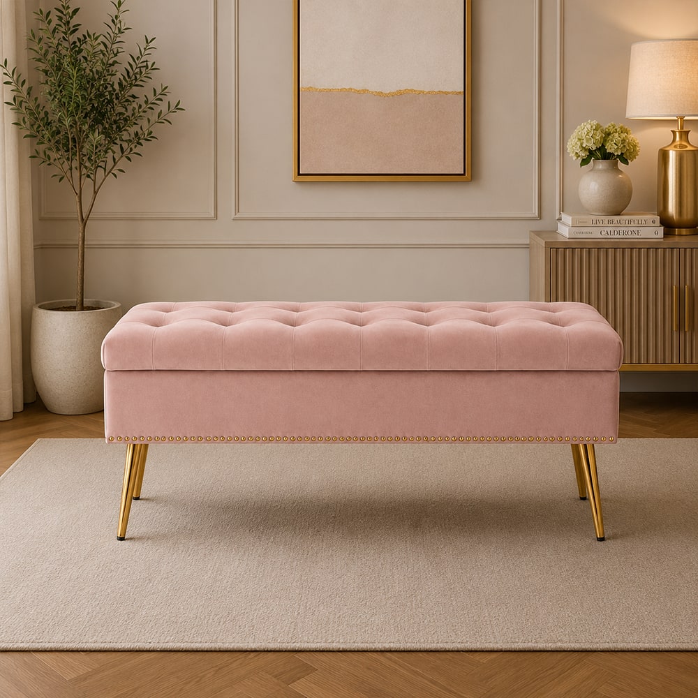 Doe Buck Velvet Tufted Storage Bench in Pink Colour with Gold Legs - Doe Buck