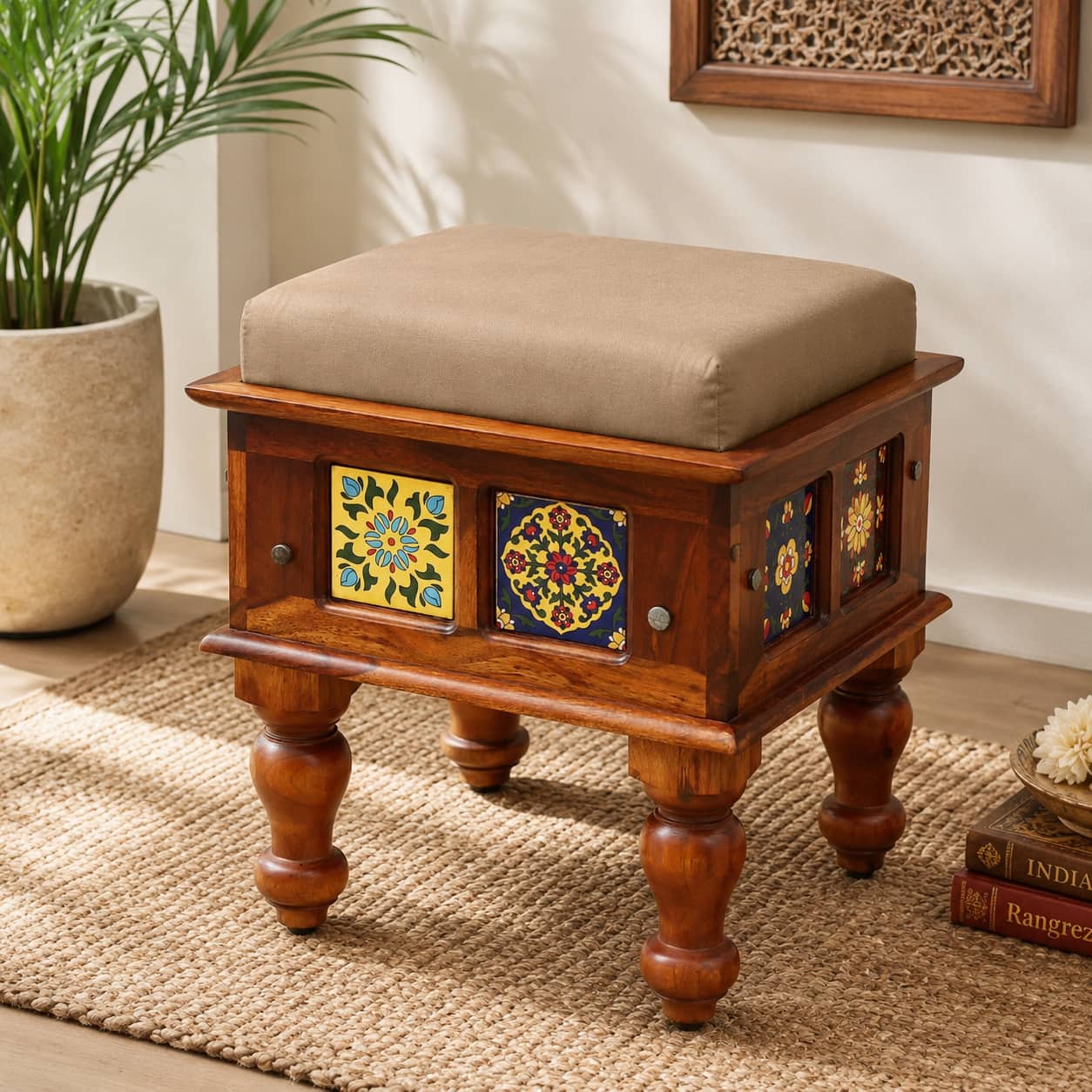 Rangrez Sheesham Wood Seating Stool in Honey Oak Finish with Beige Cushion - Woodenmood
