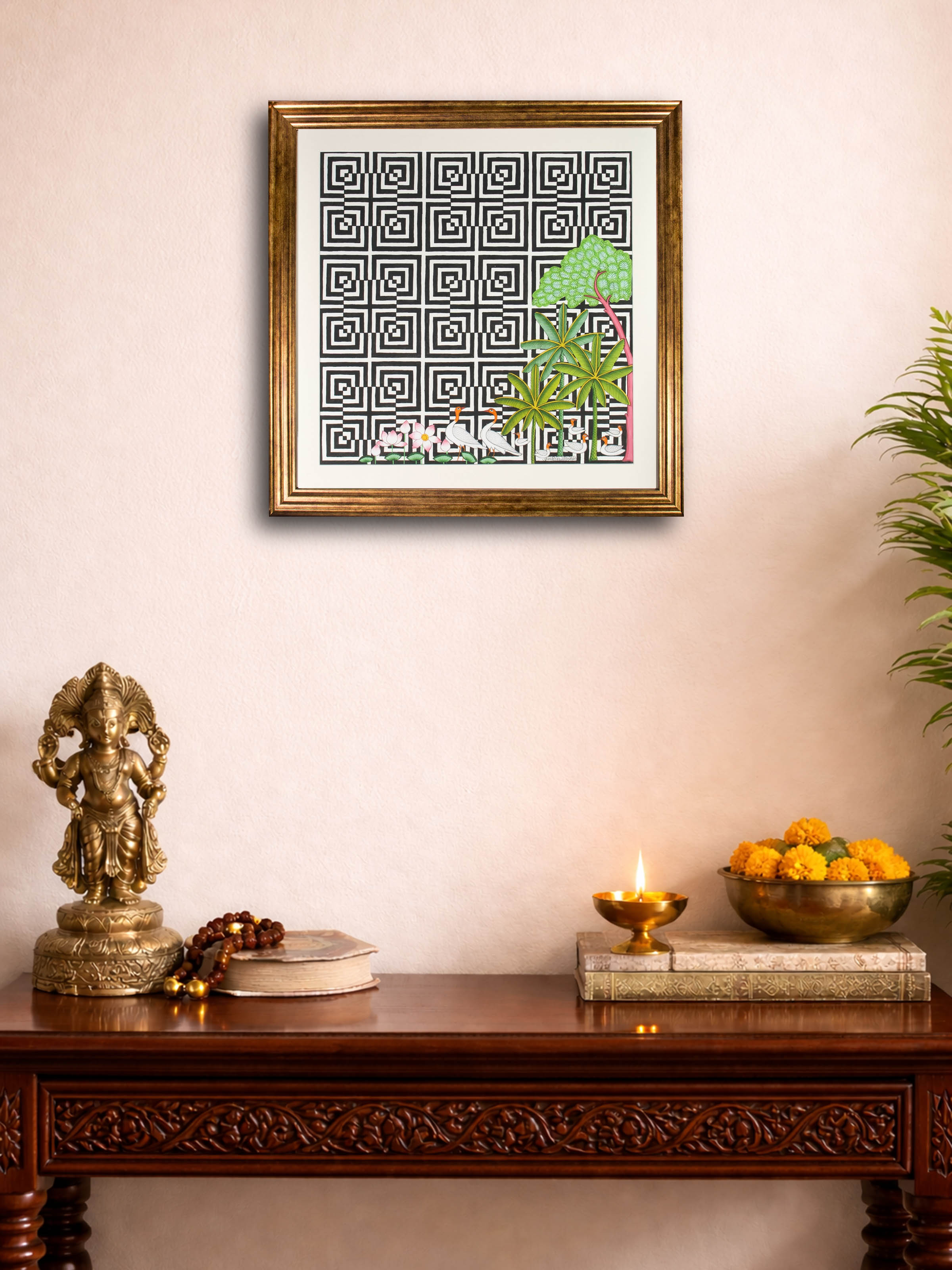 Sarus Geometric Illusion Pichwai Painting