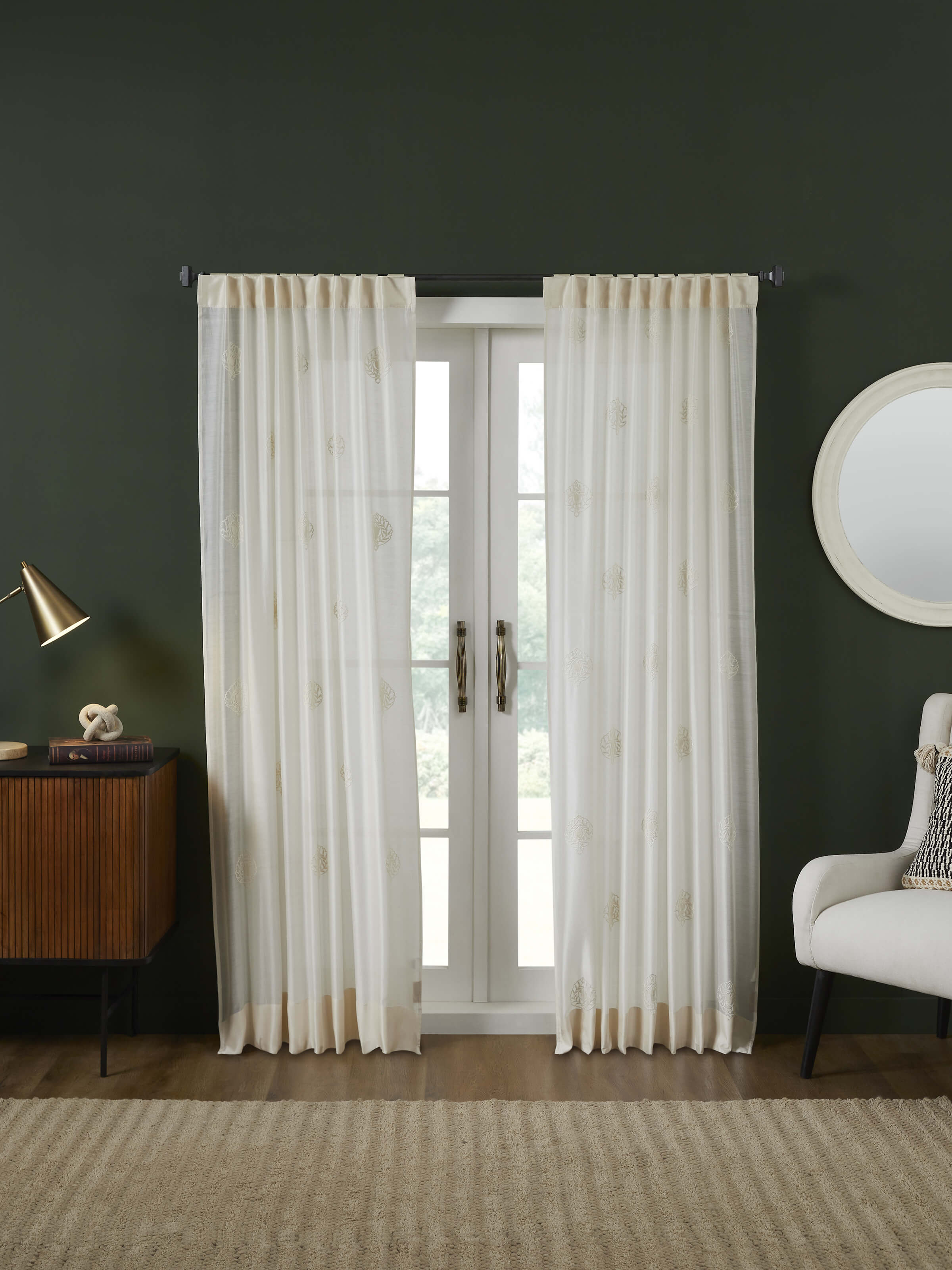 Razza Ivory Buti Cotton Silk Kashmir Chain Stitch Hand Embroidery Sheer Curtain (7 Ft)